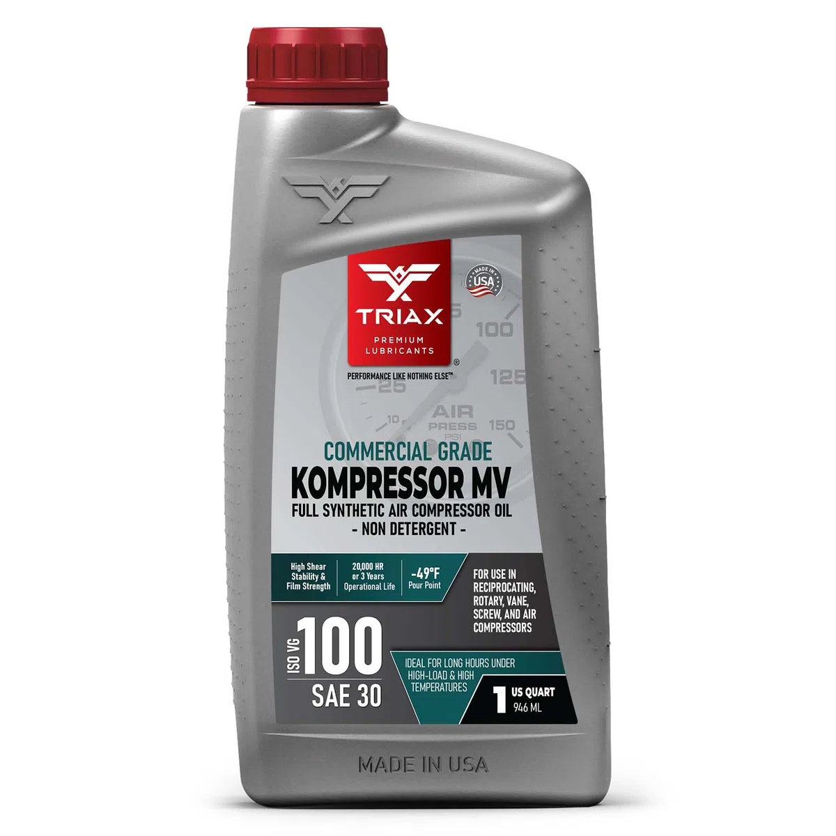 TRIAX Kompressor MV ISO 100 (SAE 30) – Vollsynthetisches Kompressor‑Öl, Non Detergent – Hohe Temperaturbeständigkeit, – Für Schrauben‑, Palette‑, Rotations‑ und Kolbenkompressoren 0,946 L (1 Quart)