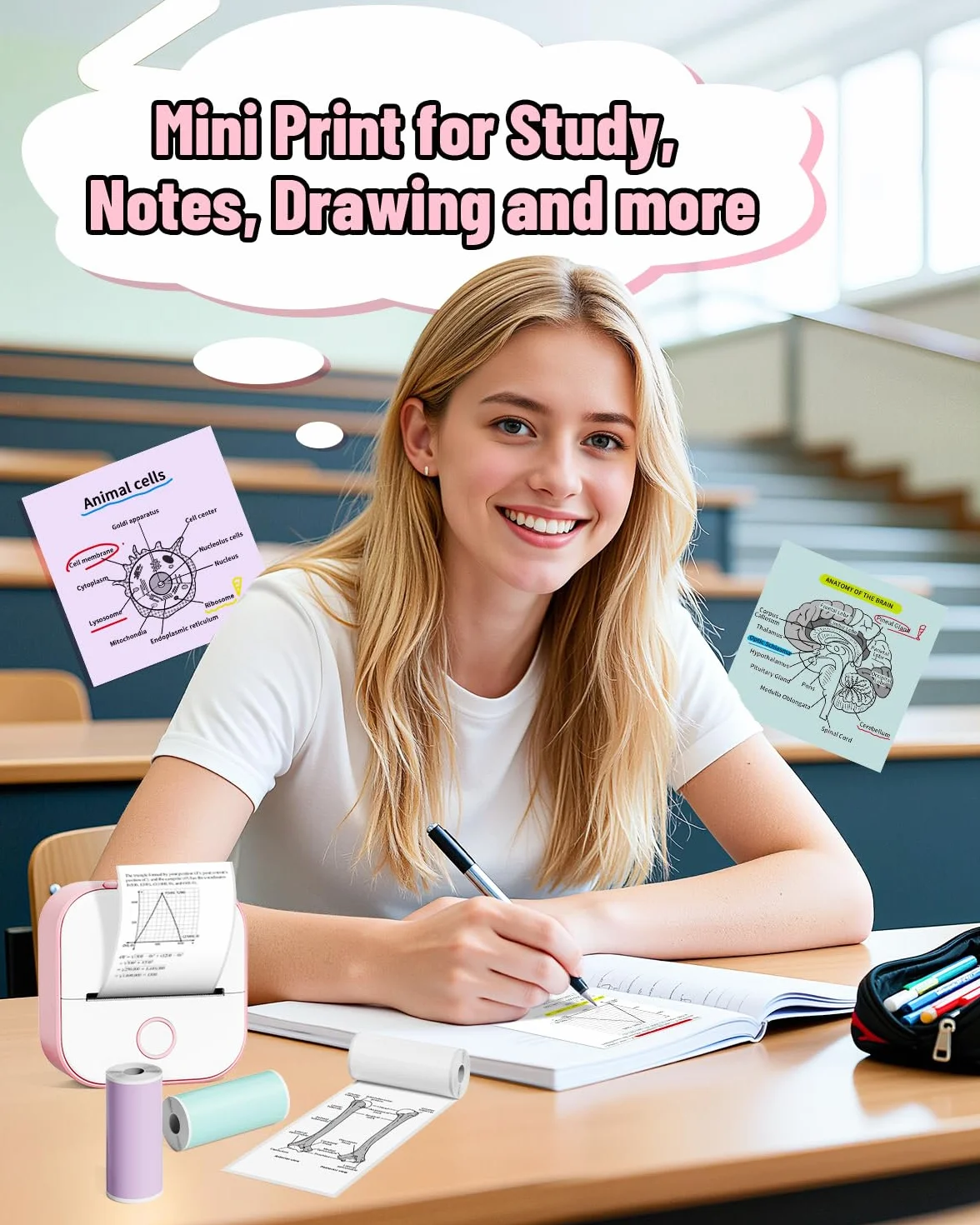 Phomemo Mini Drucker, T02 Mini Drucker für Smartphone Tragbarer Etikettendrucker mit KI-gestützter App, Thermodrucker für Studiennotizen, Tagebuch, DIY und Geschenke, Kompatibel mit iOS & Android