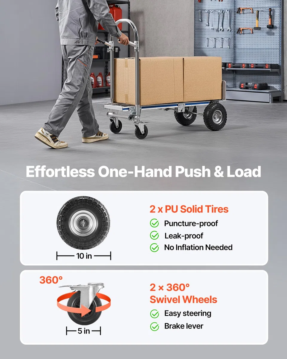 VEVOR 2-in-1-Sackkarre 454 kg, Transportkarre im 4-Rad-Modus, Umwandelbarer Plattformwagen mit Rutschfestem Griff, Tragbarer Handwagen Transportwagen, Trolley für Umzüge, Büro, Lager, Supermarkt