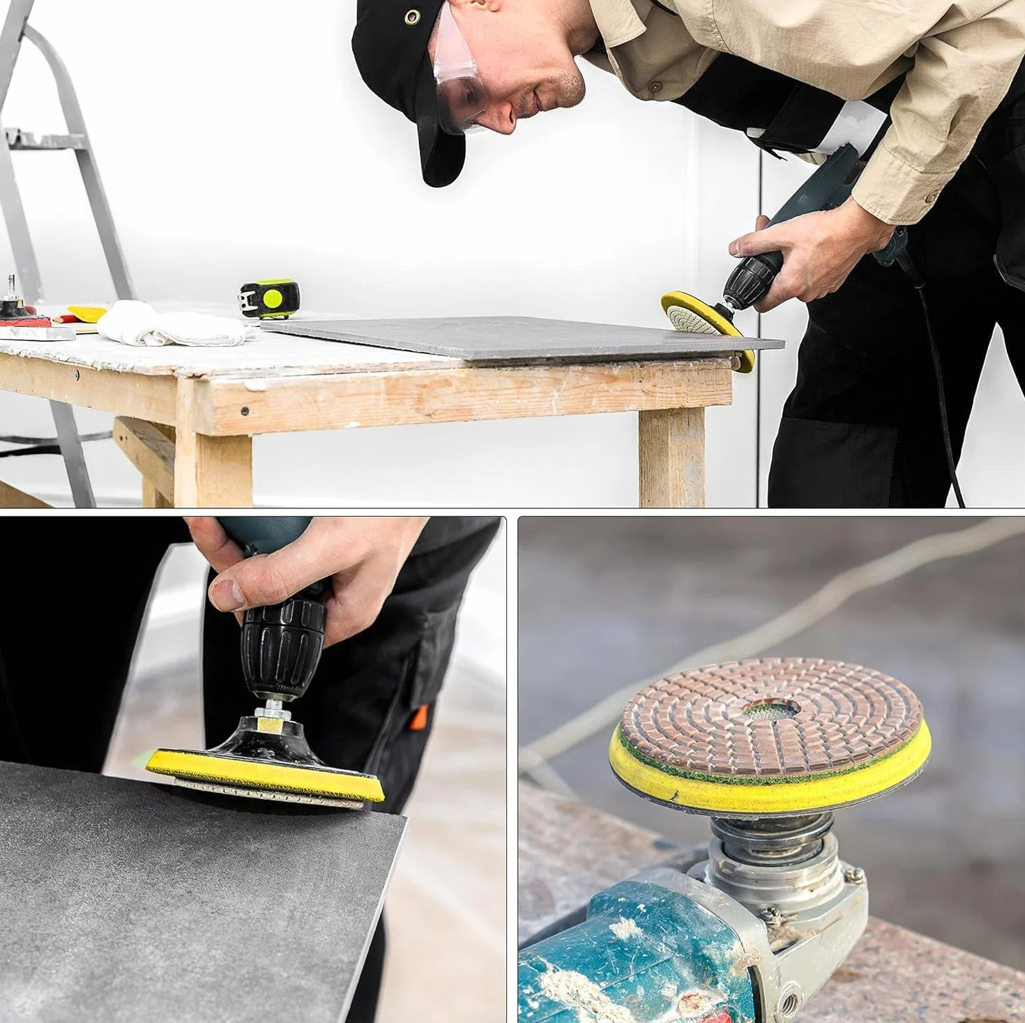 DELPHI Nass Diamant Schleifscheibe Polierset 7 Stück Diamantscheiben Set 100mm zum Schleifen Polieren von Feinsteinzeug, Keramik Körnung 50-3000 mit Wollpad M12-Adapter und Schutzhandschuhe