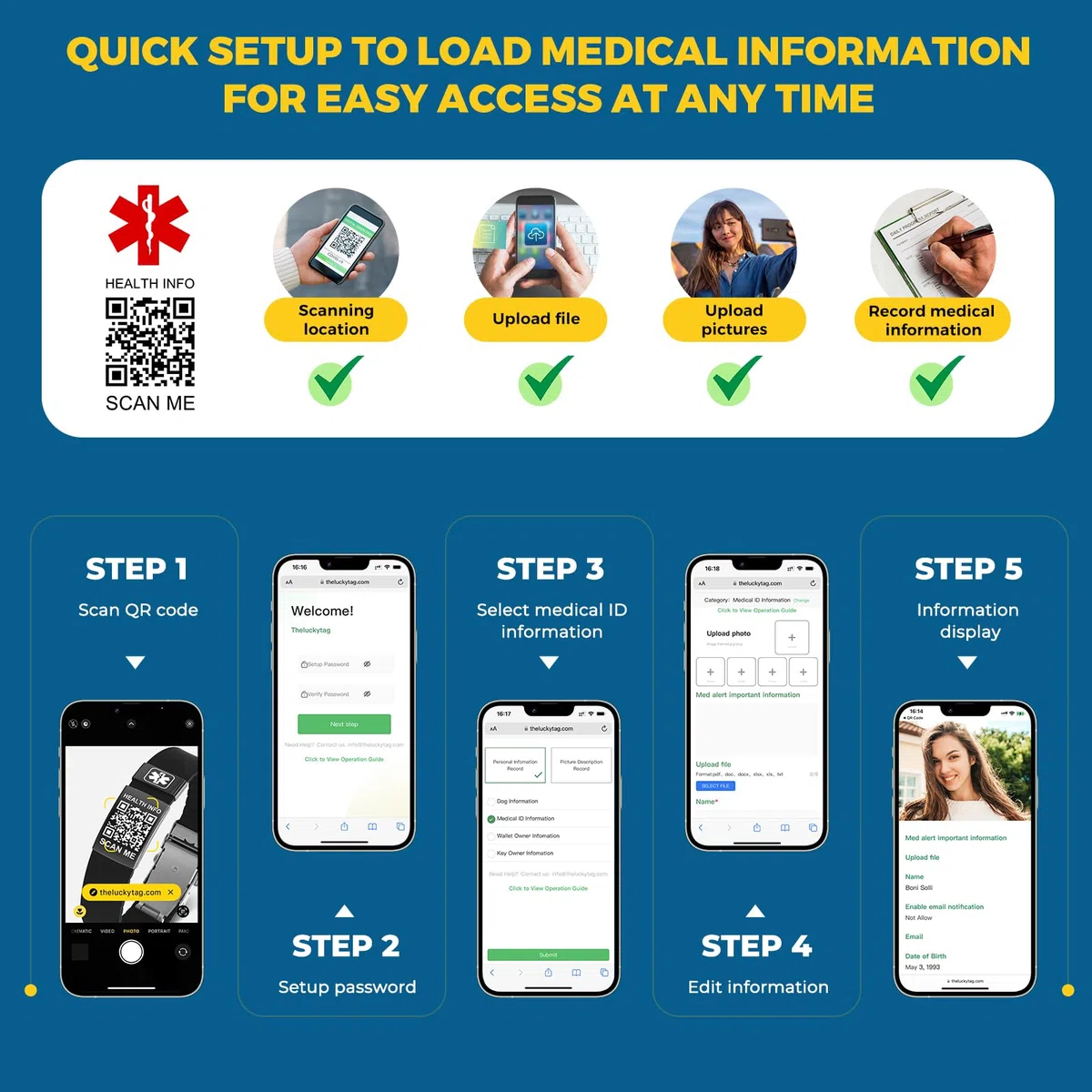 Medizinisches Armband mit QR-Code-Notfall-ID, aus Silikon, wasserdicht, passt bis 22,9 cm Handgelenk, Notfallinfo, mehr Platz, für Sport, Jungen/Mädchen/Damen/Herren
