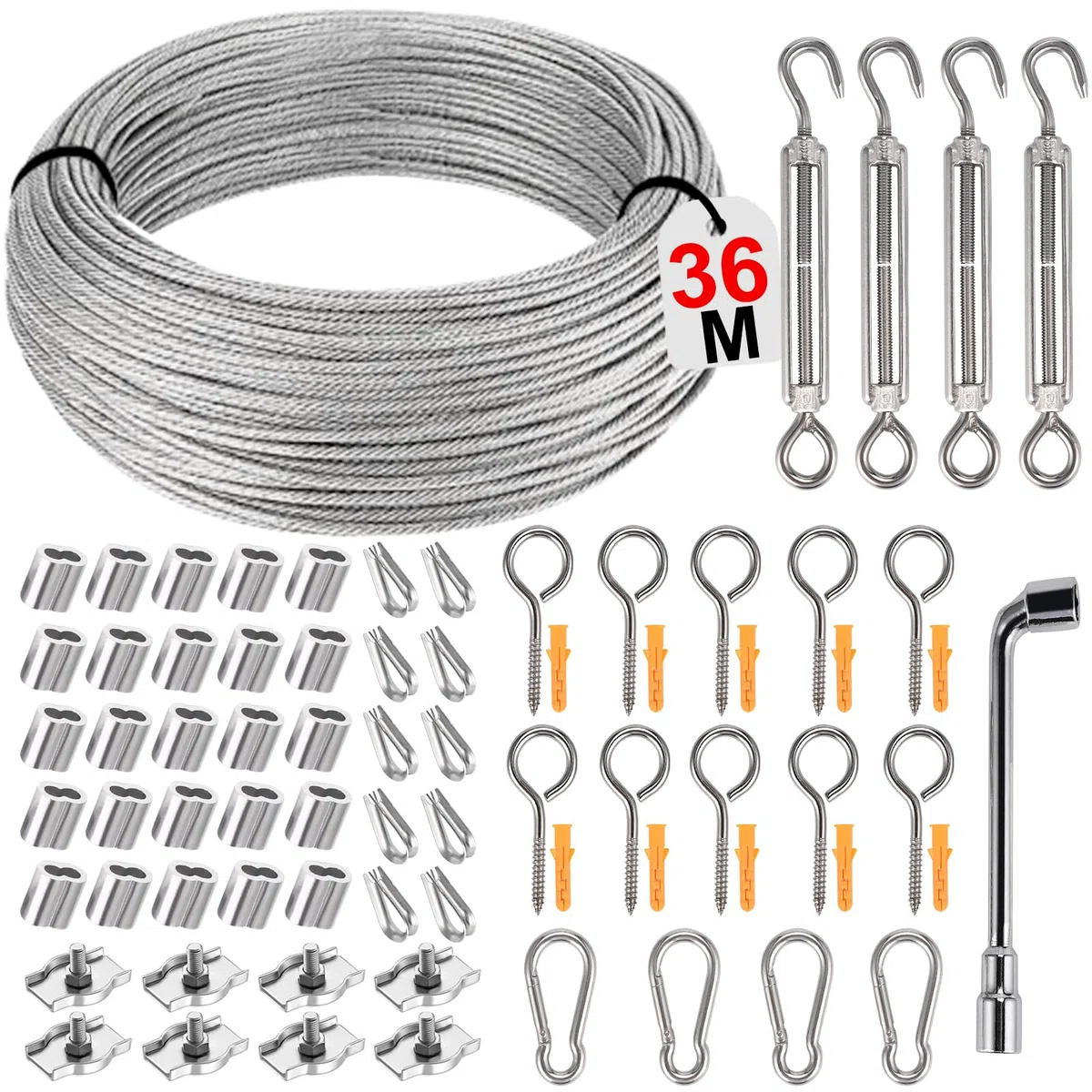 Philtool 73Pcs Drahtseil Kit, 36M Edelstahl Drahtseil 3mm, 304 Stahlseil Ummantelt mit Ösen Seilspanngarnitur für Kabeldraht, Spanndraht, Wäscheleinen, Gardinenseil, Zäunen, Außenbeleuchtung