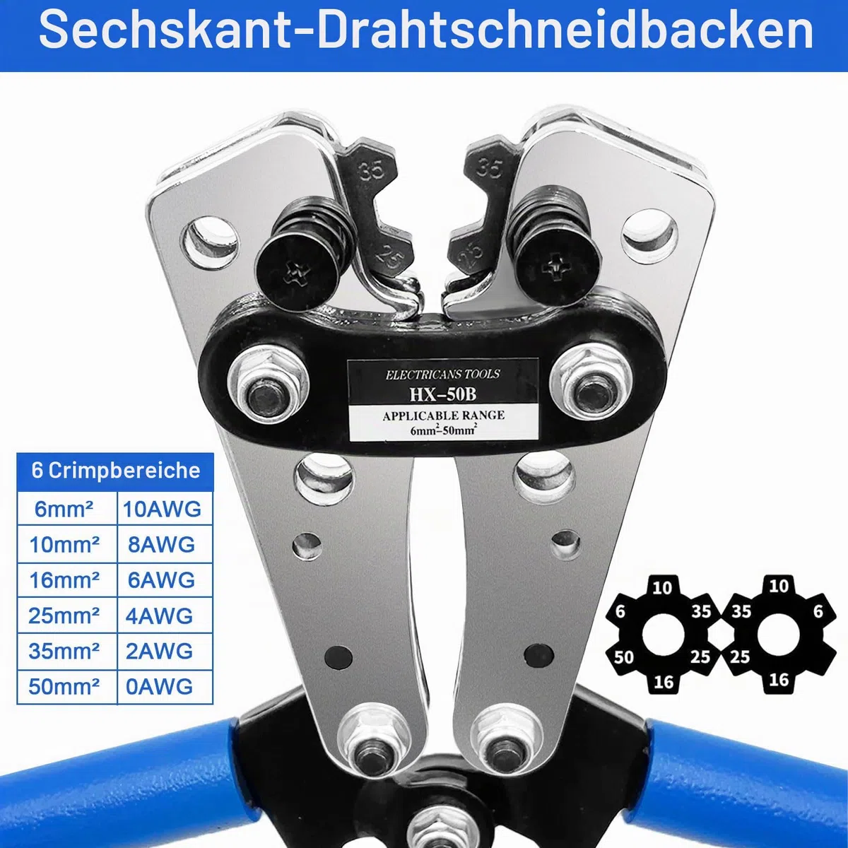 Batteriekabelschuh Crimpzange Set für 10-1/0 AWG (6-50mm²) - Inkl. 60 Kupferringklemmen + 60 Kabelschuhe, 8 Größen - Profi-Crimpwerkzeug für Autobatterie & Elektroinstallation