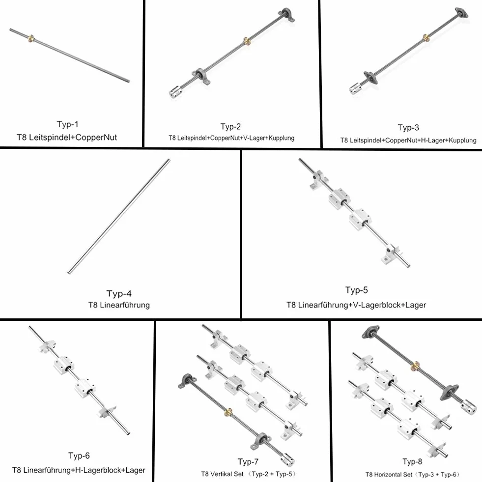 200mm T8 Leitspindel+CopperMutter+VertikallagerLager+Kupplung + ?8mm Linearführung+V-Halterung+Kugellager (Typ-7, 1Set, 200mm)