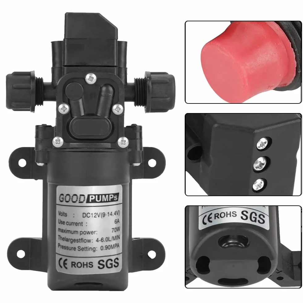 Selbstansaugende Pumpe 12 V, Wasserpumpen DC 12 V, 0,9 MPa, 6 l/min, 70 W, Hochdruckmembran, Garten, Landwirtschaft, Bewässerung, Schlauch für Wohnwagen Camping Boot