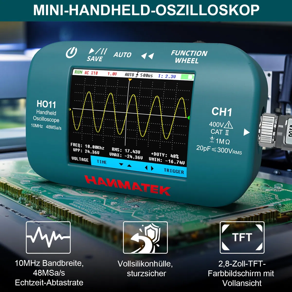 HANMATEK HO11 Handheld Digital Oszilloskop - 10MHz Bandbreite, 48MSa/s Hochpräzisionsabtastung, 2.8“ TFT Display, USB aufladbar, fortschrittliches Triggersystem, tragbar für Feldarbeit