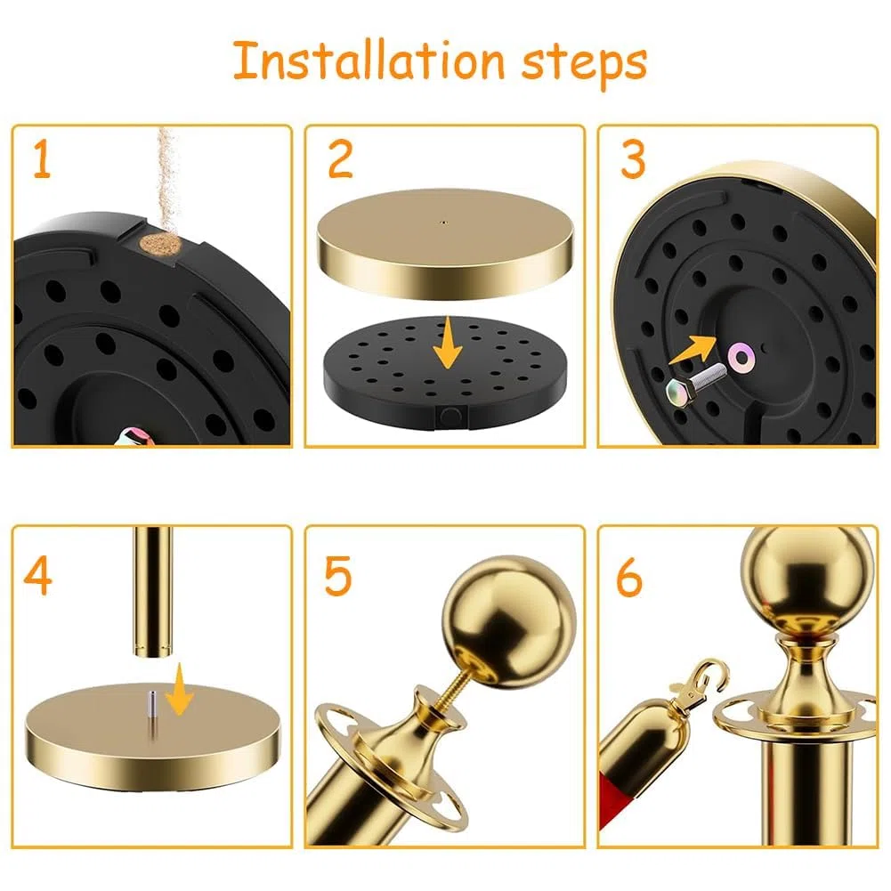 Modulare Barriere Premium Absperrstab mit Seil - Gold Robuster Crowd Control Bandstab für Warteschlangen, Events & Ladenmanagement, Set mit 5 ft/1.5 m rotem Samt Seil (6)