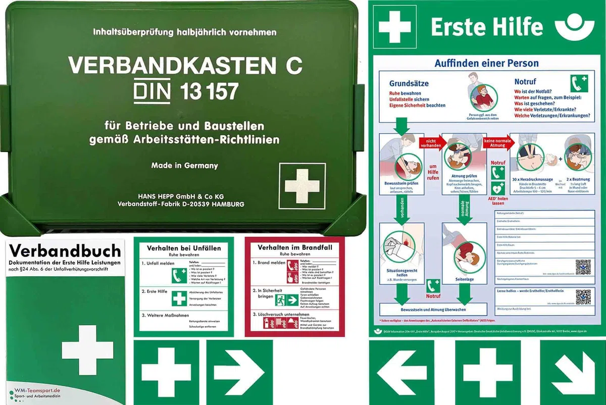Betriebsverbandkasten - 2 in 1 Erste-Hilfe - Erfüllt aktuelle DIN 13157 für Betriebe + DIN 13164 (KFZ) inkl. Verbandbuch + BG-INFO-Komplett-Paket