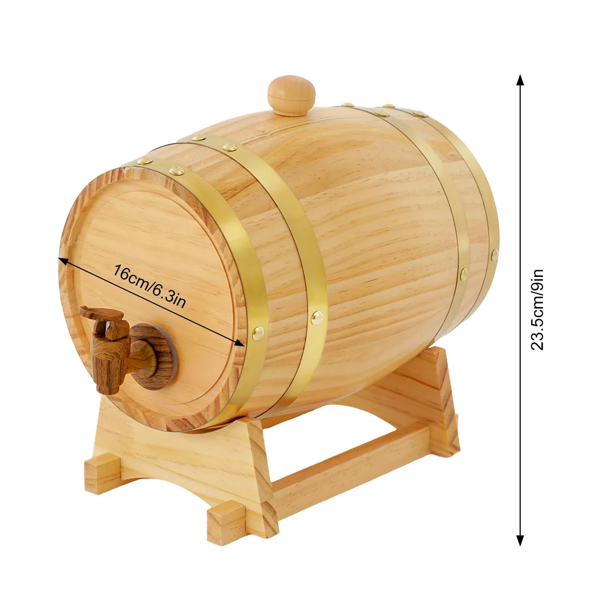 3L Weinfass Holzfass, Original Holz Weinfass für Wein und Whiskey mit Ständer und Zapfhahn Ellipse Weinfass Aufbewahrung für Wohnungen, Bar, Hotels 16 x 23.5cm