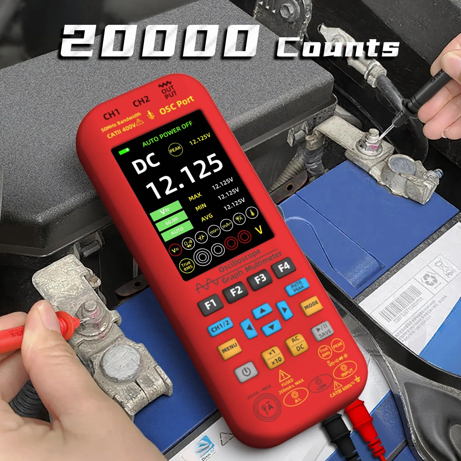 BSIDE O9 Handheld Digital Oszilloskop 2 Kanal 50MHz 250MSa/s 5000mAh Multimeter TRMS 20000 Zähler 3.98" Großem Farbdisplay 7 Wellenform Signalgenerator Unterstützung Rogowski Spule AC Strom 2000A