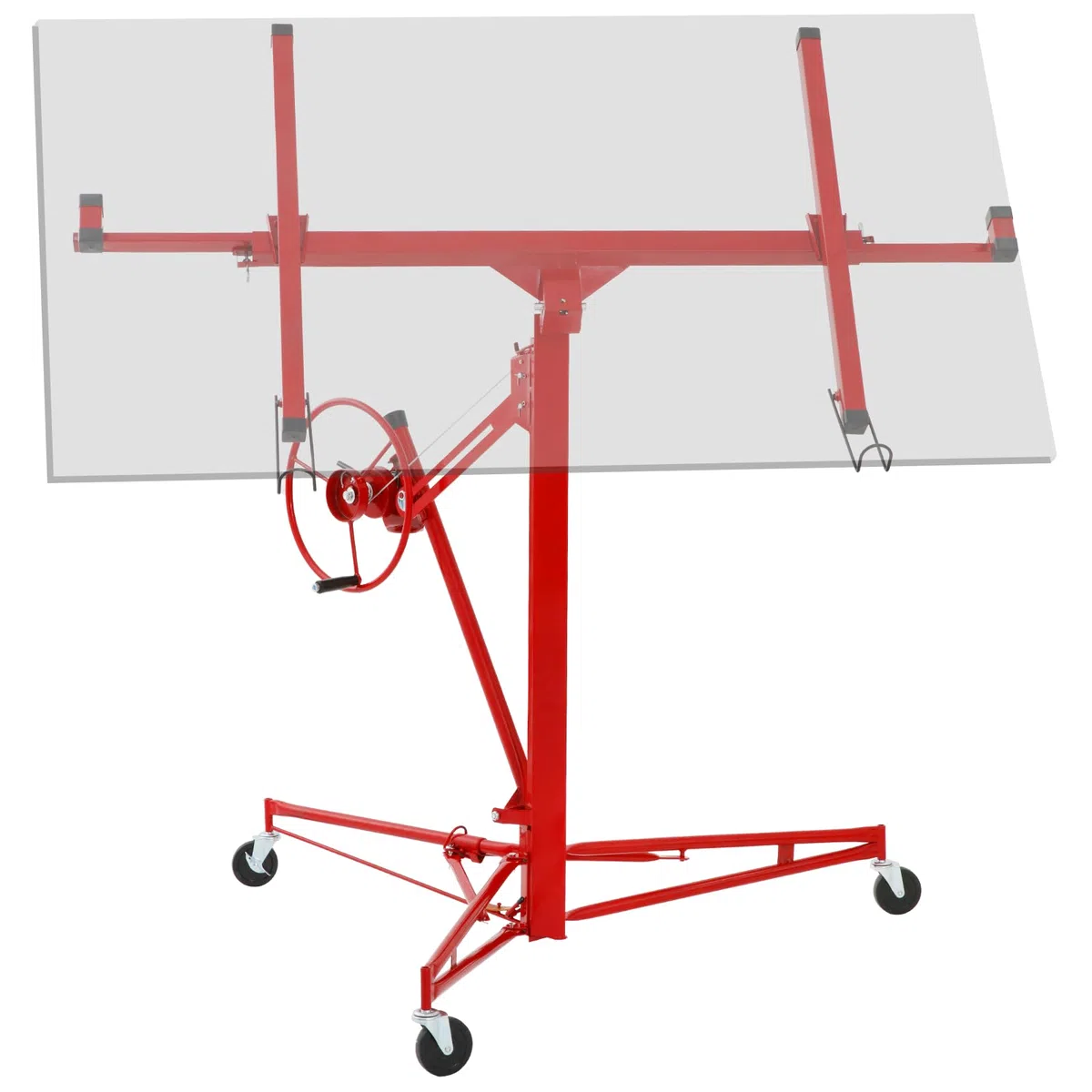 Klappbarer Plattenheber für Rigips- & Trockenbauplatten, Höhenverstellbar 120–335 cm, Max. Breite 296 cm, 68 kg Traglast, 60° Neigungswinkel, 3 Räder mit Feststellbremse, Rot