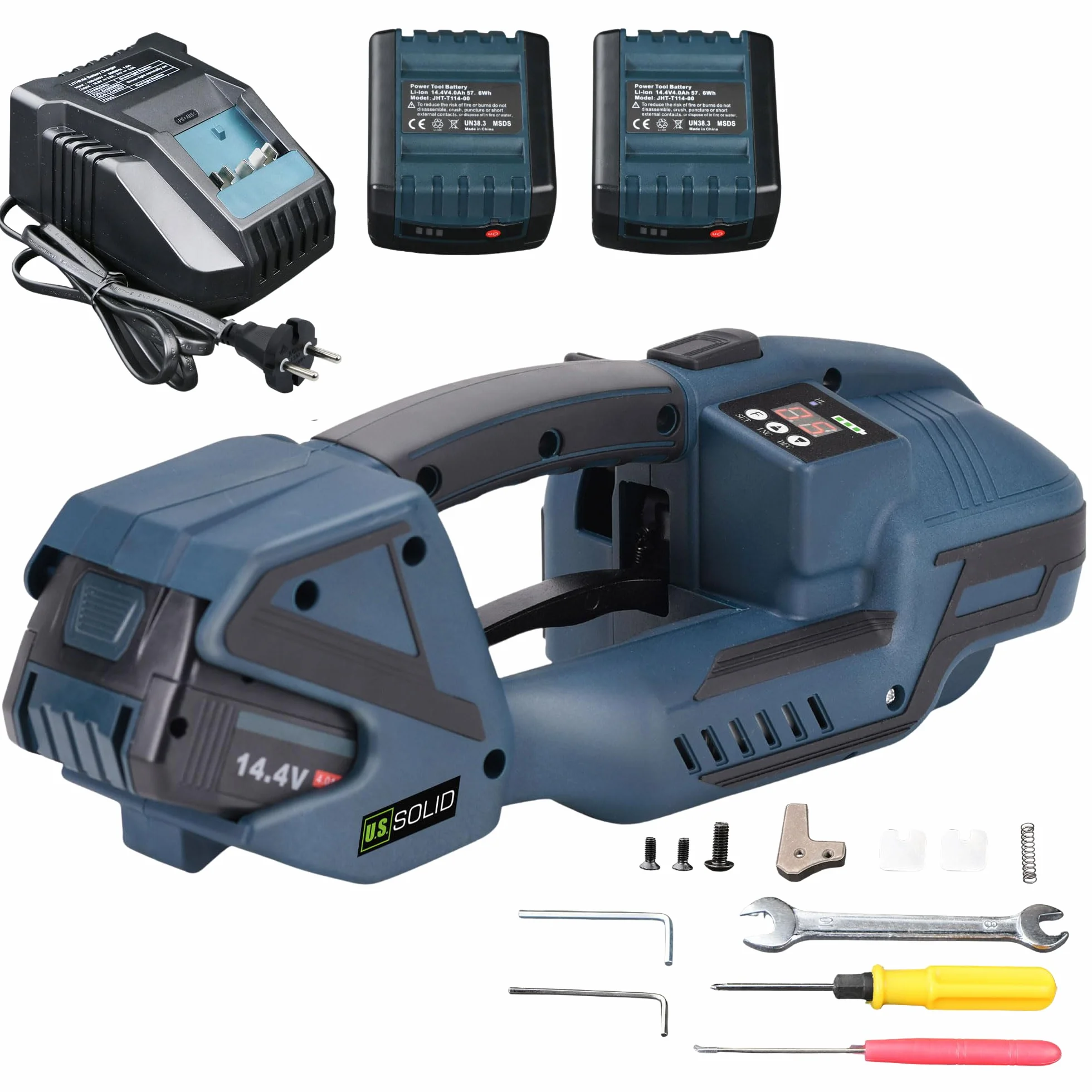 U.S. SOLID Elektrische Umreifungsmaschine mit LCD-Bildschirm für 13-16mm PP PET Bänder, 2 x 4000mah automatische akku Umreifungsgerät für Boxen und Paletten