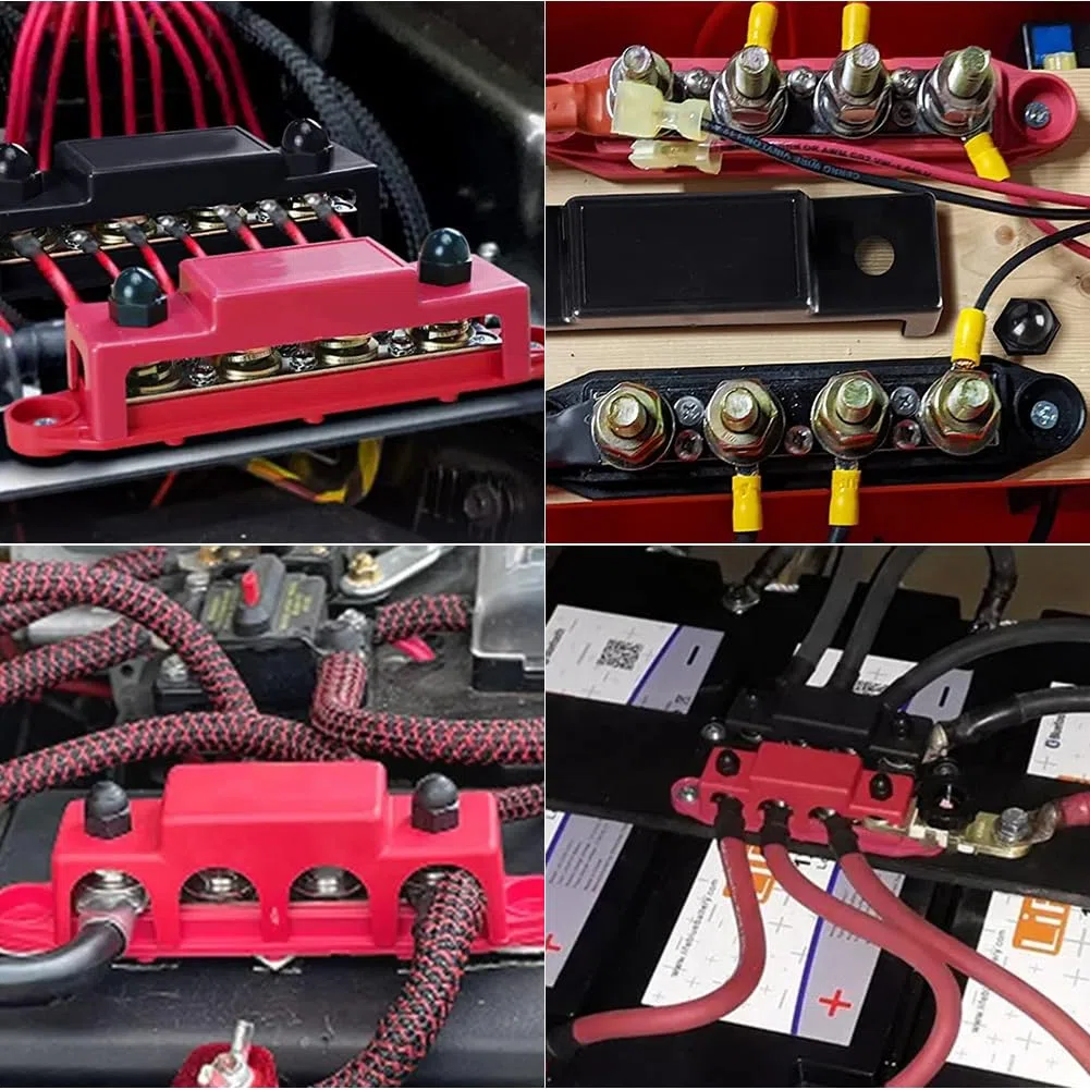 2 Stück 12V-48V DC Sammelschienen Verteilerblock mit 4 x M8 Klemmenbolzen, 250A BusBar Box für Auto Marine Auto Anhänger Wohnmobil Boot (Schwarz Rot)