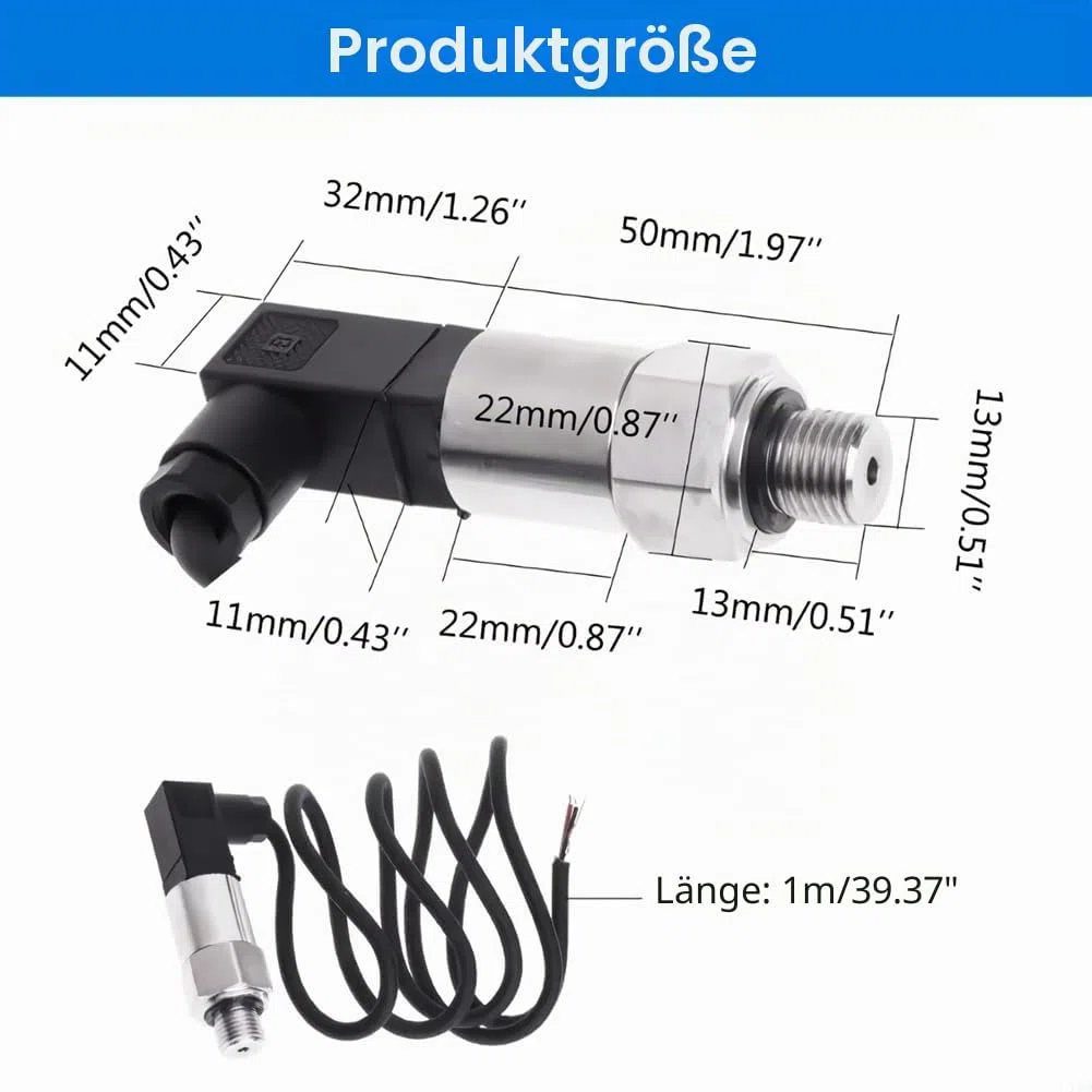 Edelstahl Druckwandler, Drucksensor Silizium Drucktransmitter Sensor Wasserdurchflusssensor 4-20mA Ausgang G1/4" für Wasser Gas Öl (0-1 MPA)