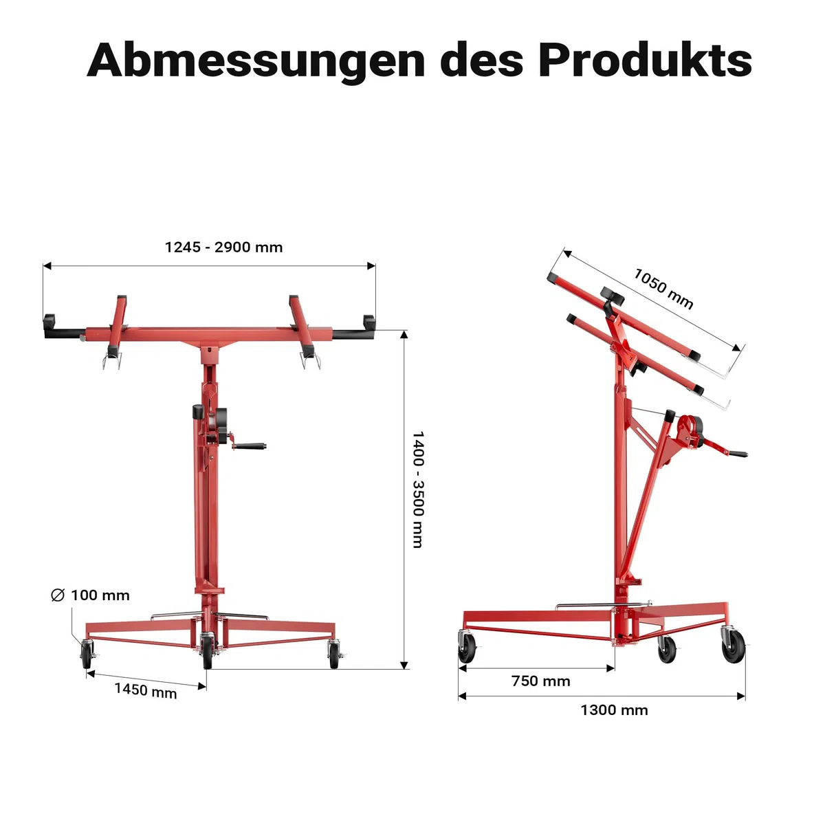 Wiltec SET XXL Plattenheber bis max. 68 kg + 140 cm Verlängerung, Höhe 140-465 cm, max. Breite 2,90 m, Montagehilfe für Trockenbau, Paneelheber mit 3 Rädern, rot