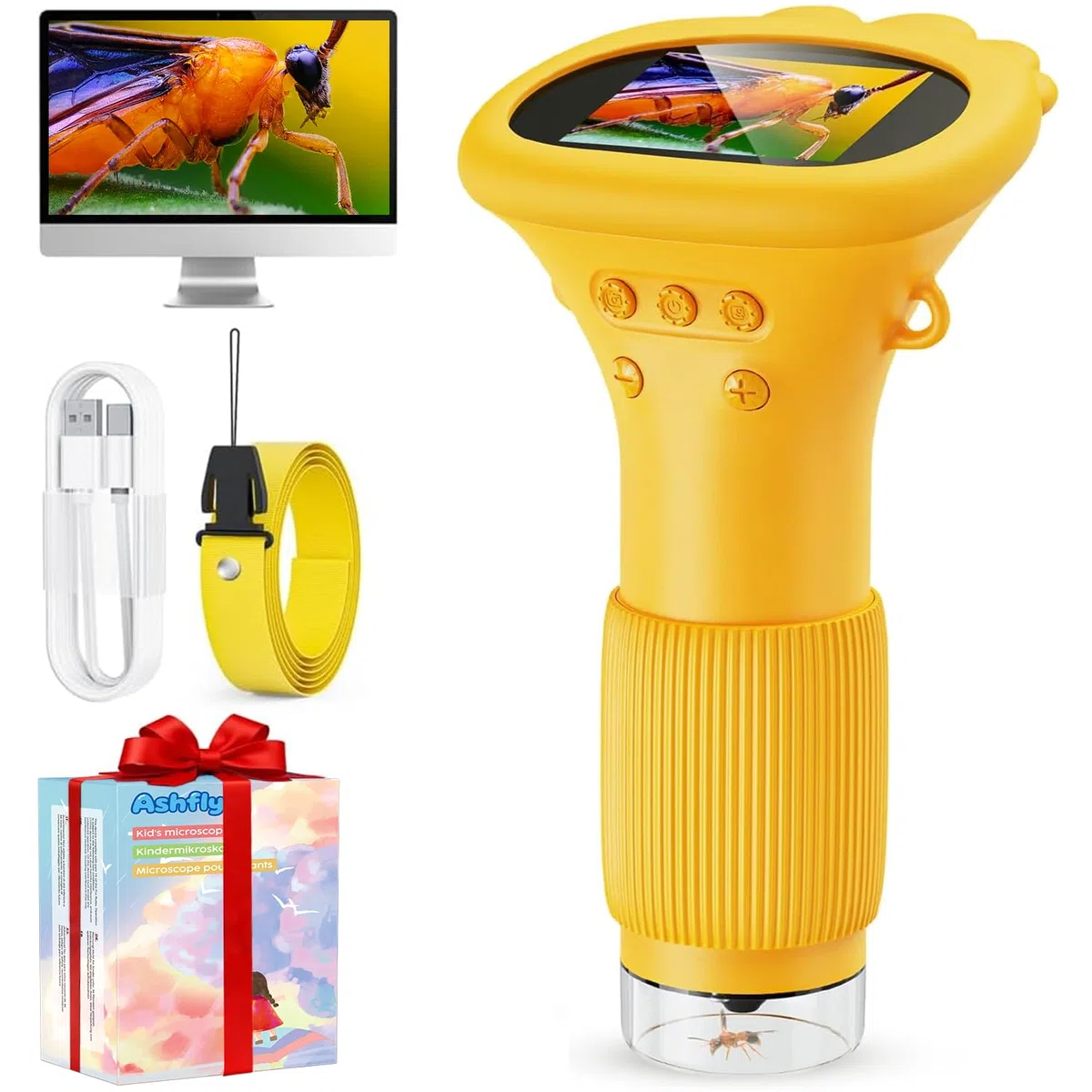 Mikroskop für Kinder, Ashfly 1000X Taschenmikroskop mit 2,0" IPS-Bildschirm USB Microscope Lupe, 8 LED Lights -Anschluss an PC, Mini-Kindermikroskop für Ostern Spielzeug - Orange
