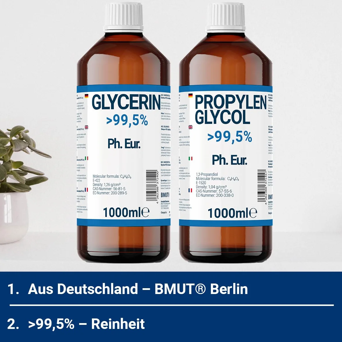 1000ml Glycerin + 1000ml Propylenglycol in Pharmaqualität | >99,5% | Rein | E422 + E1520 DIY