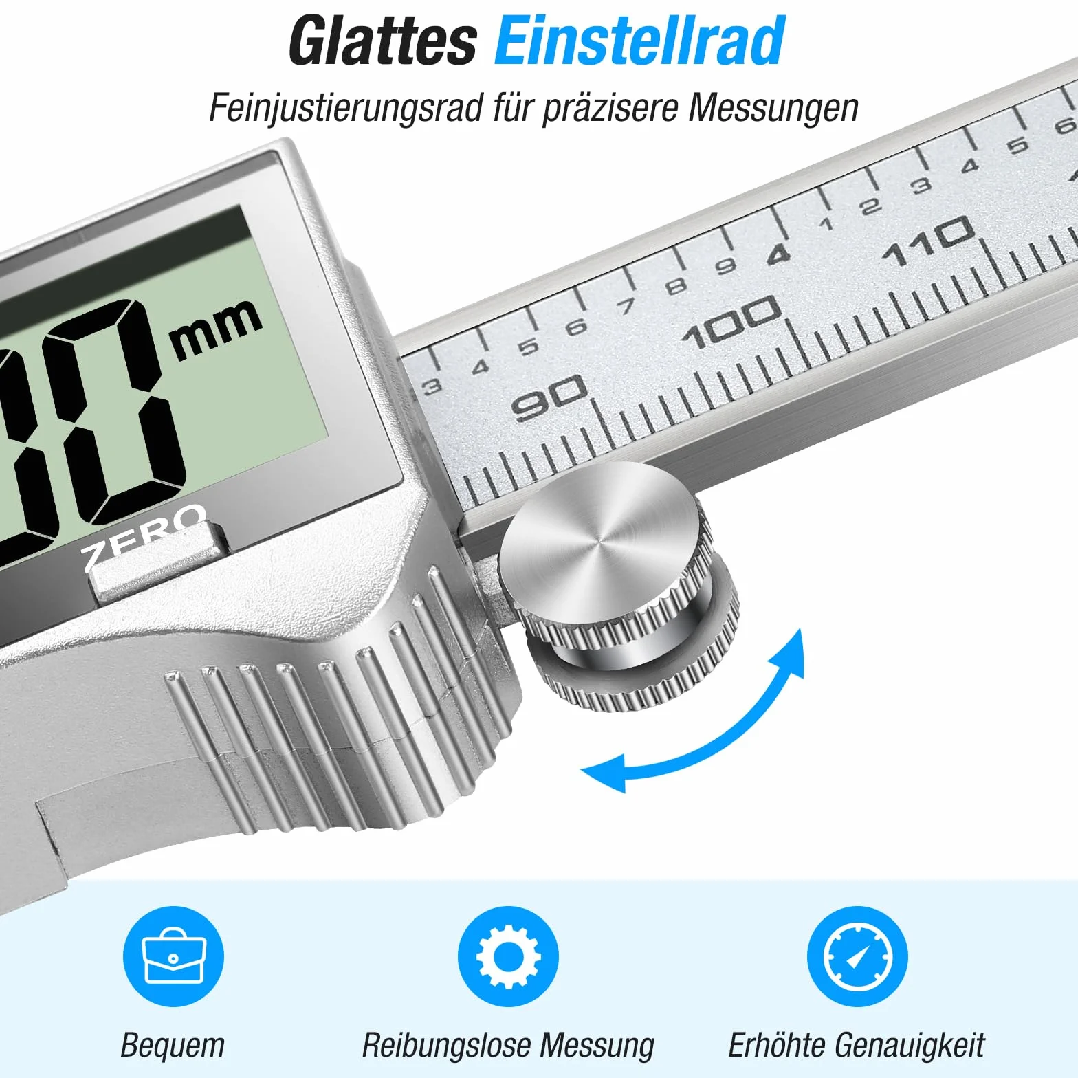 Ueznirn Messschieber Digital mit Großem LCD-Bildschirm, Schieblehre Digital mit Spritzwasserschutz und Staubschutz, Messschieber mit Ersatzbatterie und Aufbewahrungsbox (Silbrig)