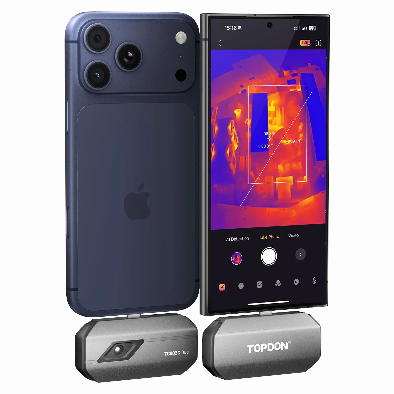 TOPDON Wärmebildkamera TC002C Duo für iPhone/Android, 512x384 Superauflösung 256x192 IR-Auflösung, -20°C bis 550°C Temperaturbereich, 25Hz, 40mK,Thermal Camera für HVAC-/Leckagen-/Gebäudeinspektionen