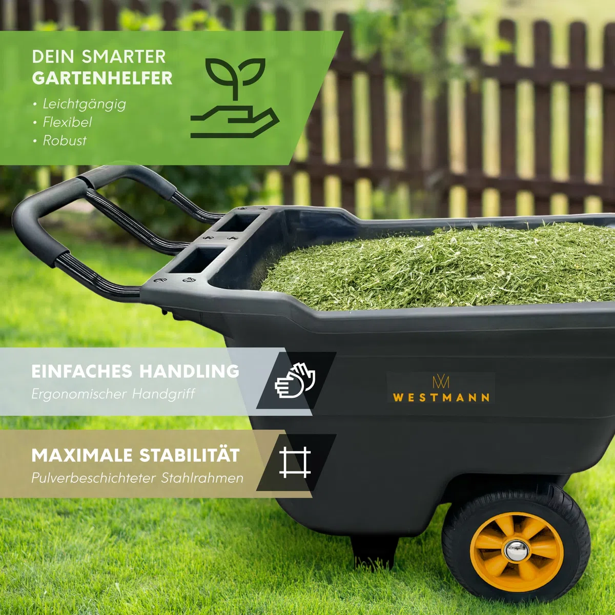 Westmann Prakta S Schubkarre | Kunststoffwanne mit Stahlrahmen | Luftreifen & Kippfunktion | 90 L | Traglast 150 kg (90 L)