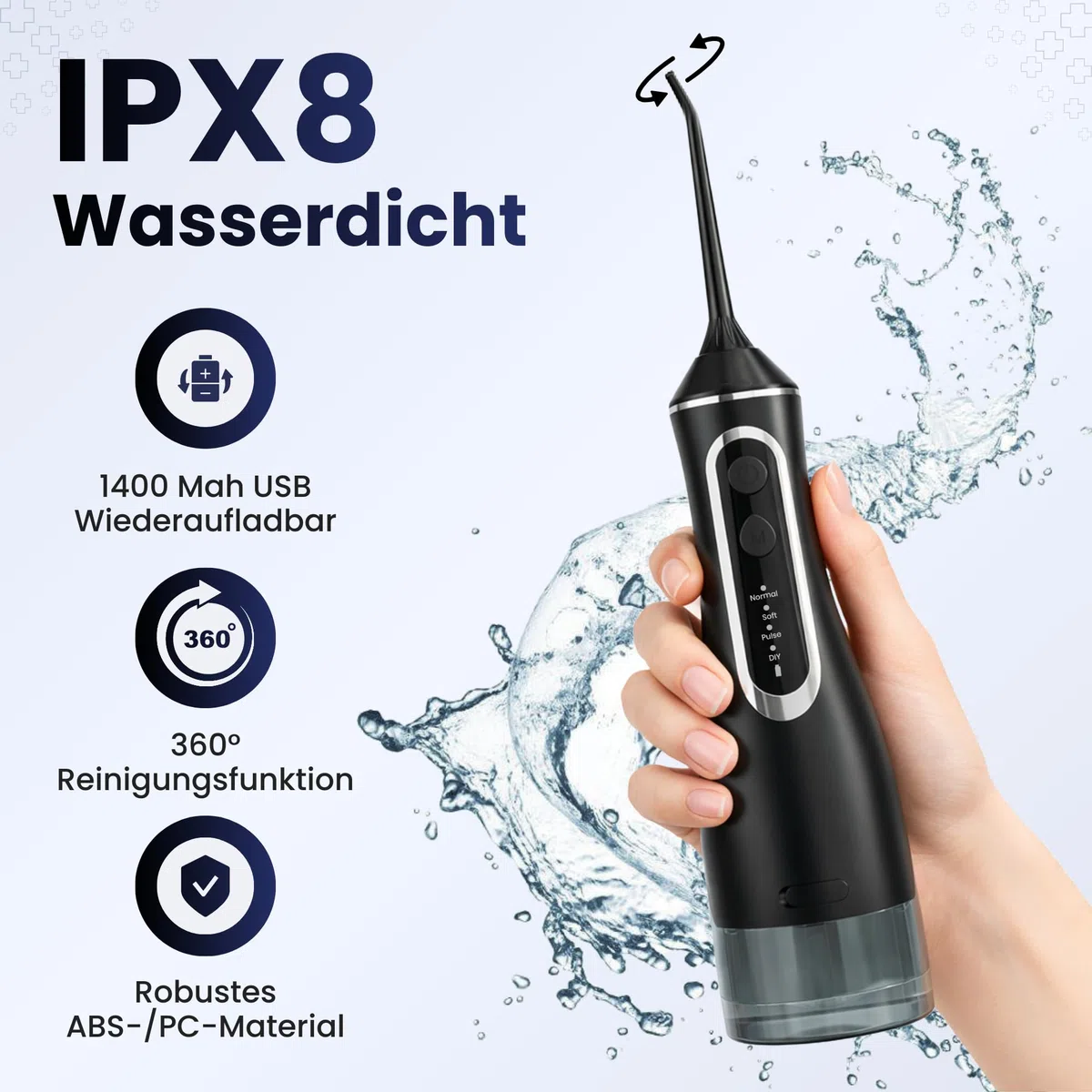 BeFit24 Elektrische Tragbare Munddusche 320 ml Water Flosser Kabellos IPX8 | Munddusche Waterflosser Tragbarer Dental Irrigator 4 Modi 120PSI 1400–1800/min | 1400mAh Batterie USB Wiederaufladbar
