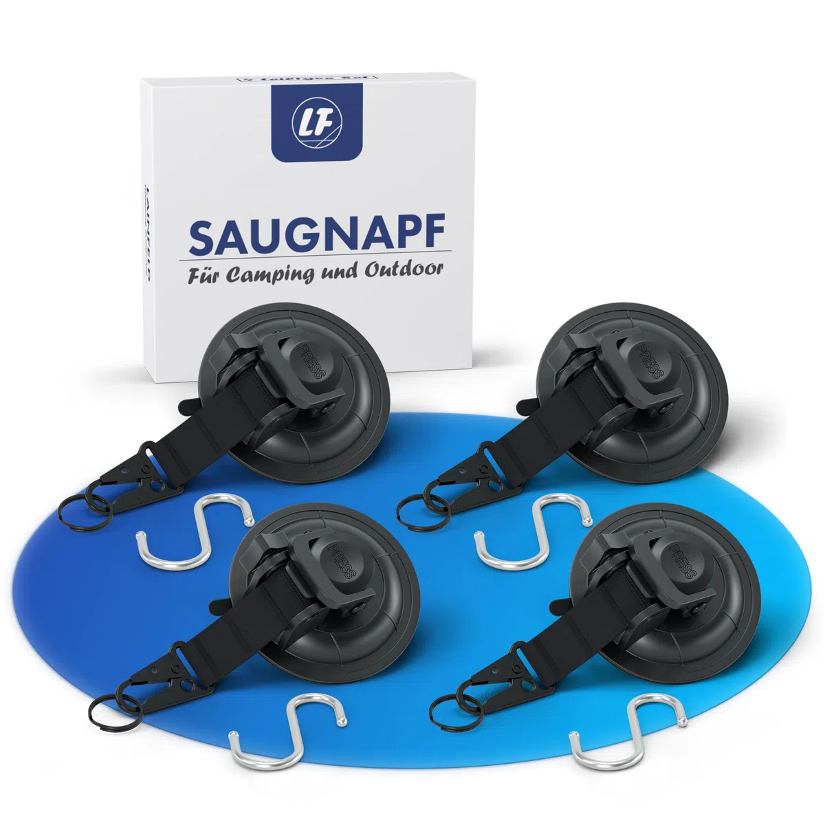 LAINFELD Saugnapf Haken | 4er Set mit Karabinerverschluss und großen Haken | Extra stark | Große Saugnäpfe für Camping, Auto, Balkon | Saughaken
