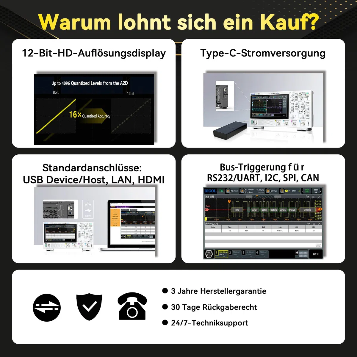 RIGOL Oszilloskop,DHO804 Tragbares Digitales Oscilloscope,70MHz Bandbreite,4 analoge Kanäle,12bit vertikale Auflösung,niedriges Grundrauschen,Unterstützung für mobile Netzteile