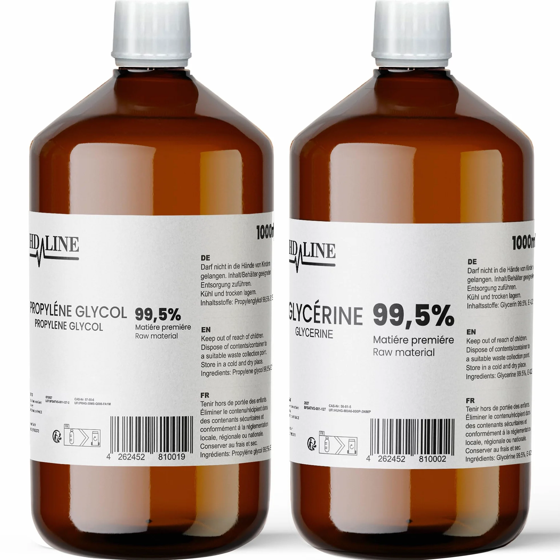 hd-line 1000 ml Glycerin E422 + 1000 ml Propylenglykol E1520, Perfekt für DIY, Pharmaqualität Reinheit, Lebensmittelqualität, Raw Material VG + PG, Rein, Vegan, Ph. Eur/USP