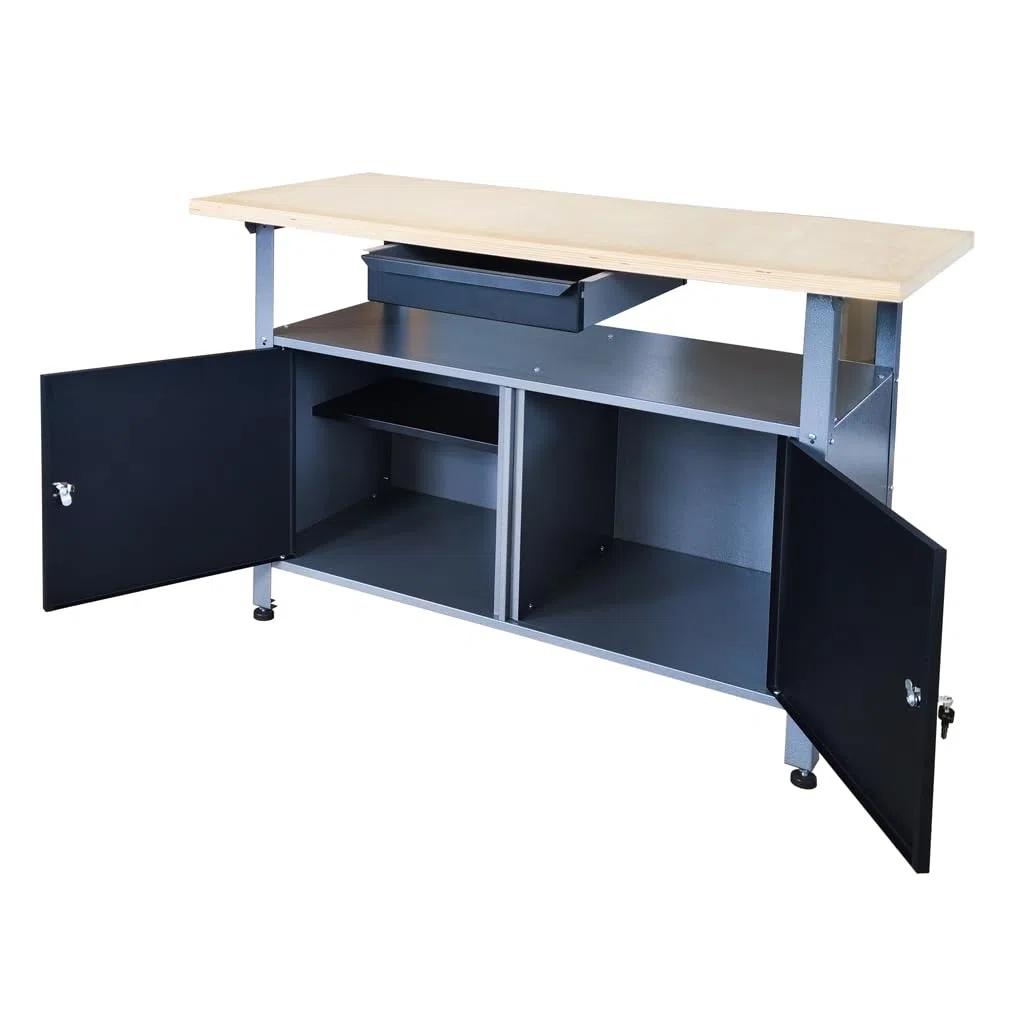 Werkbank aus Metall mit 30 mm Sperrholzplatte, verschließbaren Türen und Schublade, Maße (BxTxH): 120 x 85 x 60 cm