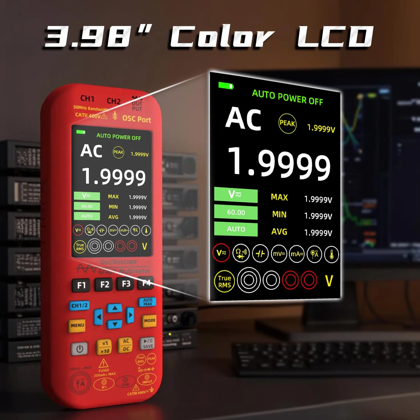 BSIDE O9 Handheld Digital Oszilloskop 2 Kanal 50MHz 250MSa/s 5000mAh Multimeter TRMS 20000 Zähler 3.98" Großem Farbdisplay 7 Wellenform Signalgenerator Unterstützung Rogowski Spule AC Strom 2000A