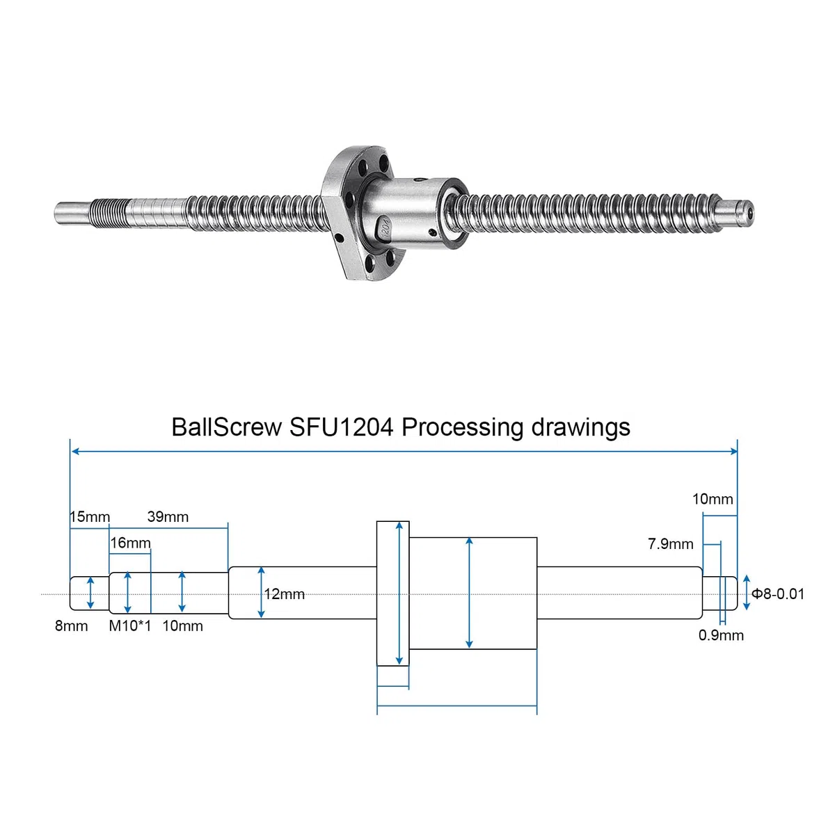 QUARKZMAN BallScrew SFU1204 (Durchmesser 12mm, Steigung 4mm, Länge 250mm) mit Kugelgewindemutter Anti-Backlash Kugelgewindesatz Standard-Endbearbeitung für BK/BF12 CNC-Maschinenteile