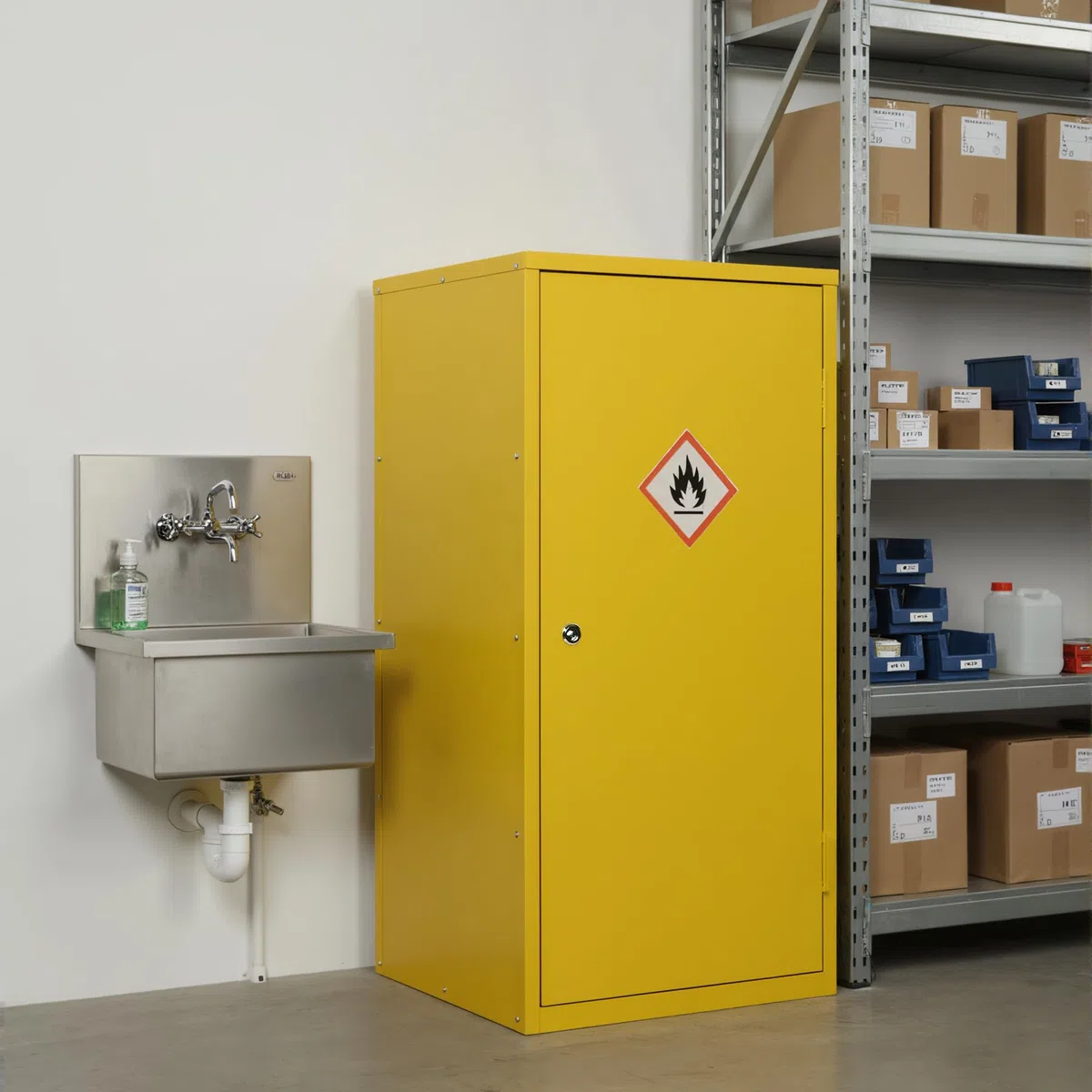 Metel COSHH Schrank für Gefahrstoffe, feuerfest, brennbar, gelb, kleine Schränke, HSE-Sicherheitsschrank für den Arbeitsplatz, 910 (H) x 460 (B) x 460 (T) mm