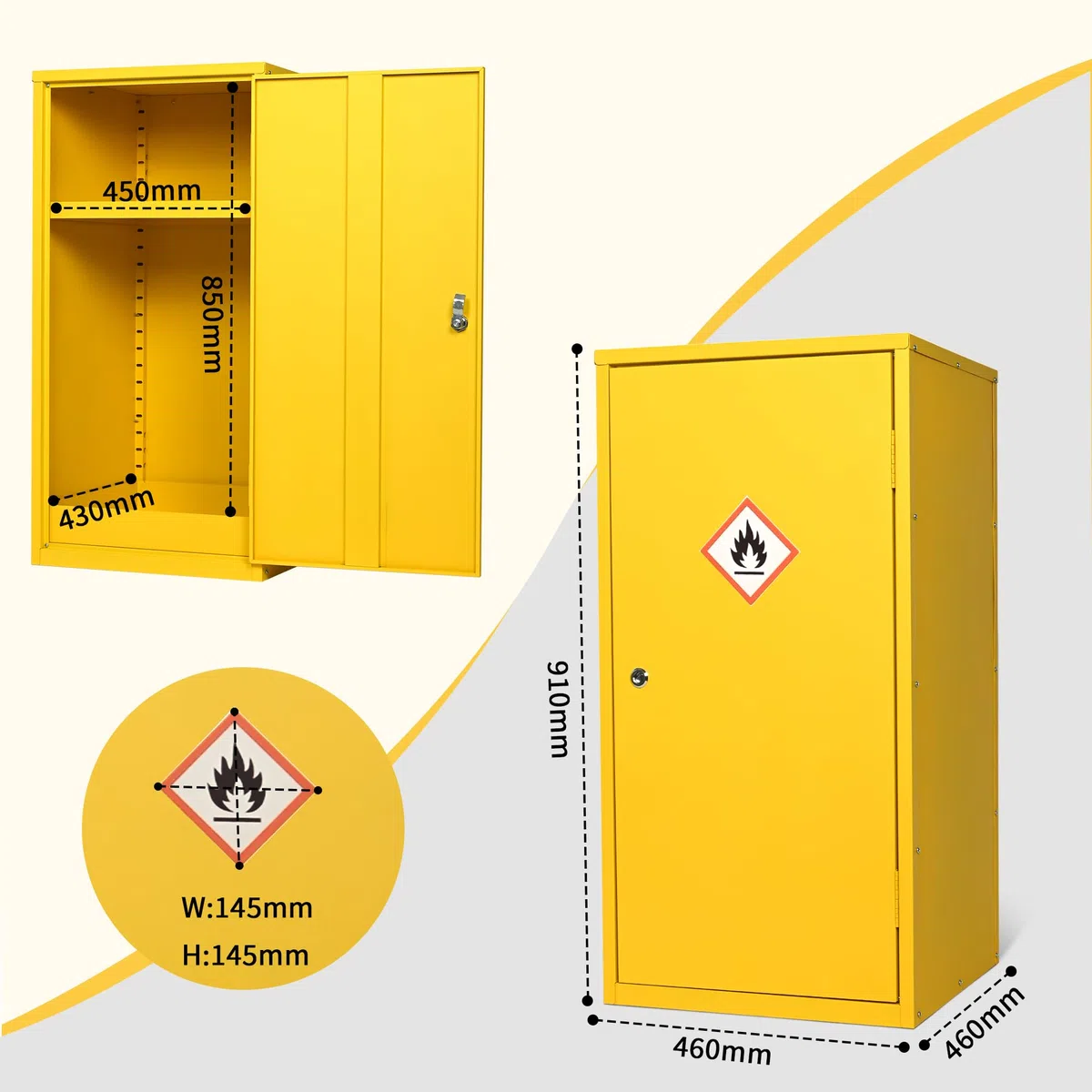 Metel COSHH Schrank für Gefahrstoffe, feuerfest, brennbar, gelb, kleine Schränke, HSE-Sicherheitsschrank für den Arbeitsplatz, 910 (H) x 460 (B) x 460 (T) mm