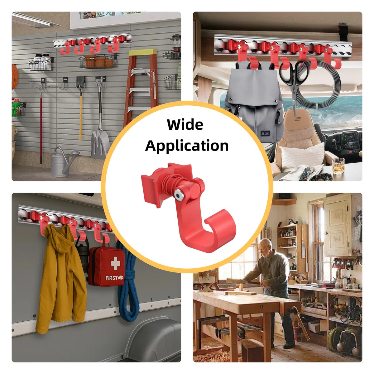 Airlineschiene Zubehör (4 Stück) | Airlineschiene Fitting Haken mit Einzelbolzen & Federmechanismus | L-Schienenhaken bis 45 kg für Zurrschienen | Für Anhänger, PKW & Garage, Rot