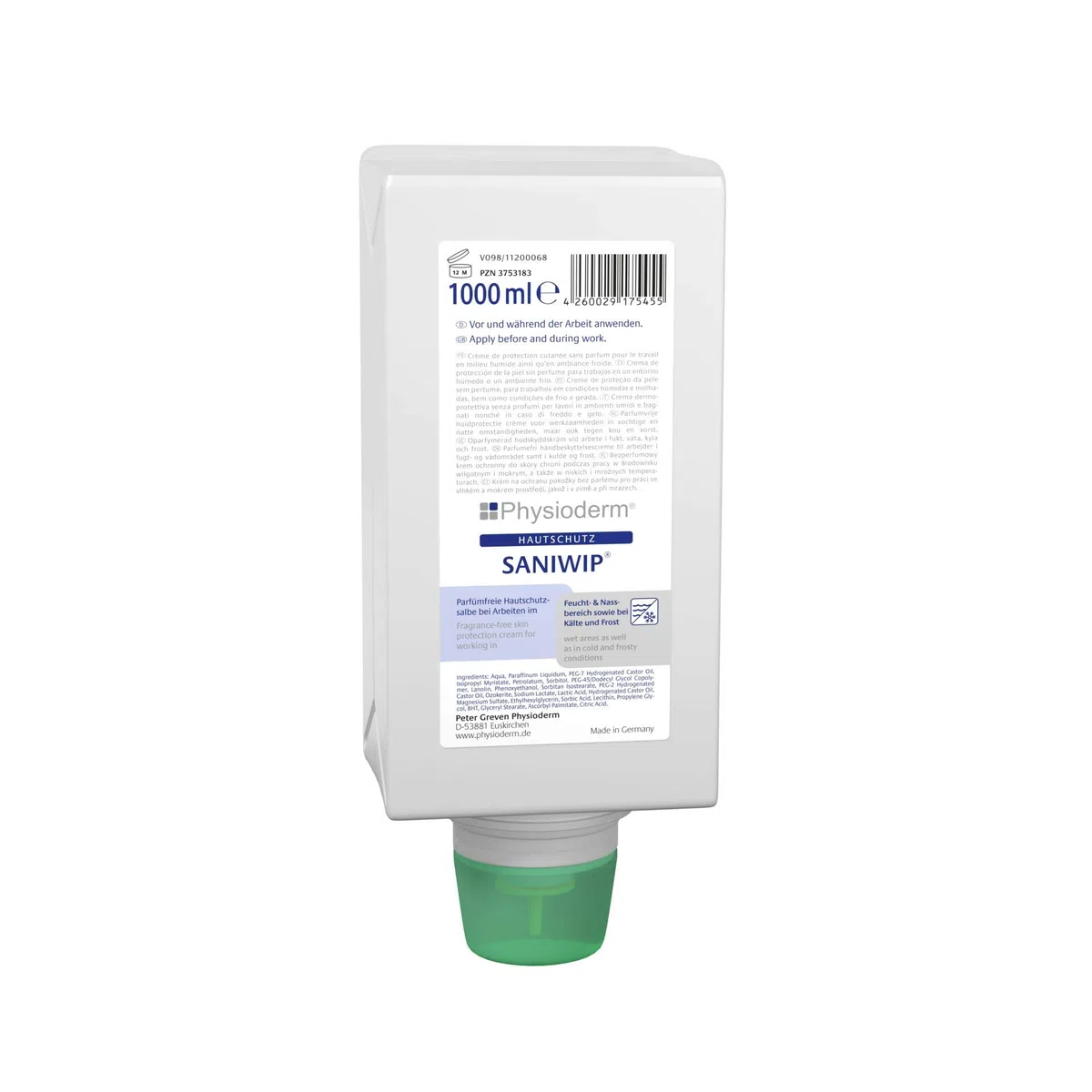 PHYSIODERM Hautschutzcreme Saniwip 1 l Varioflasche, Gesichtscreme, Handcreme, Hautschutz, bei Arbeiten mit Wasch- und Reinigungsmittel