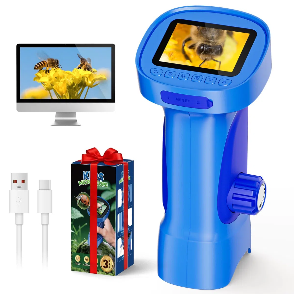 Mikroskop für Kinder, Ahalfcit Digital Mikroskop mit 2,4" HD IPS, 1000X Taschenmikroskop als Handkamera, Tragbares Natur-Spielzeug, STEM-Geschenk für Jungen & Mädchen 3-12 Jahre – Blau