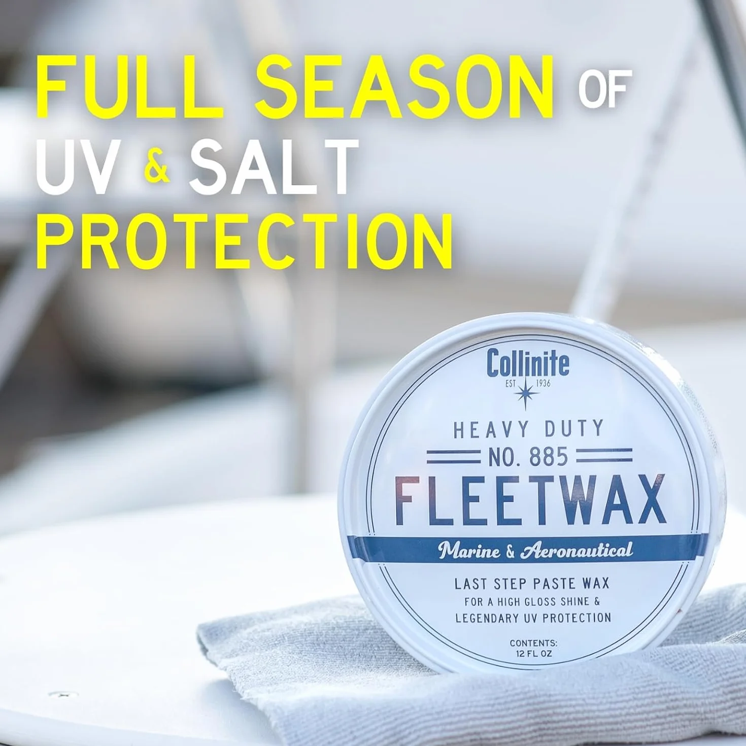 Collinite No. 885 Fleetwax Paste 12 oz (355 ml) – Hochwertiges Wachs für Boote, Yachten & Autos | Schutz vor Salz, UV & Wasser + Mikrofasertuch 40x40 cm & Applikator-Pad Fiwiko