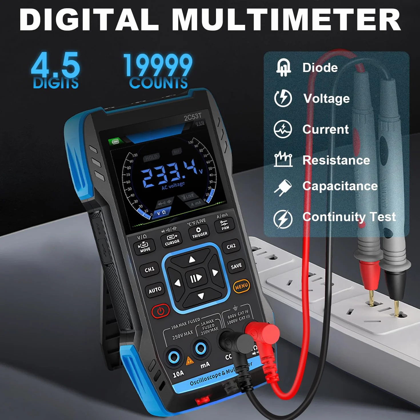 Handheld Oszilloskop 3in1 Upgrade Digital Oszilloskop, Multimeter, DDS Generator mit Doppelkanal, 250MS/s Abtastrate, 50MHz Bandbreite, 19999 Zählungen, Spannung, Strom, Kondensator, Widerstand, Diode