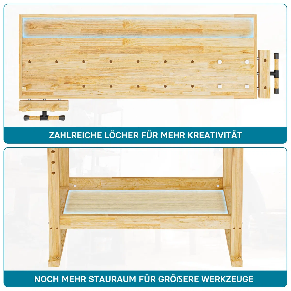 Wiltec Werkbank 151 x 61,5 x 86 cm aus Holz, Werktisch aus Rubberwood, Hobelbank bis 150 kg belastbar, Werkzeugbank mit Schublade und Spannzangen