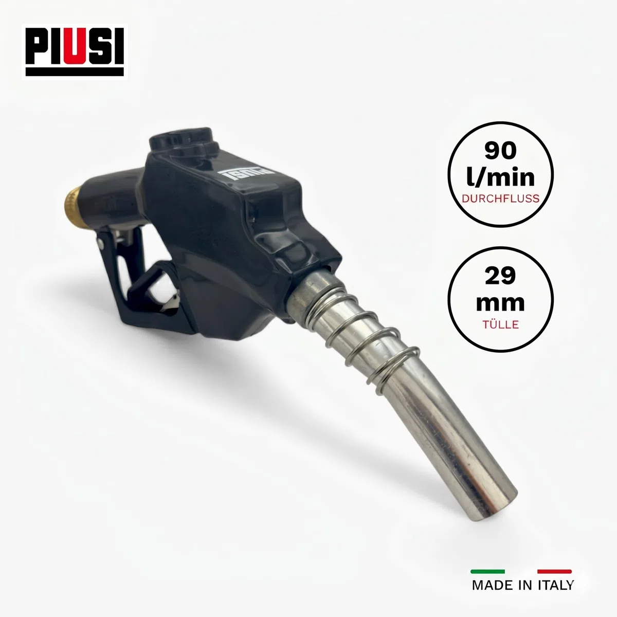 Piusi Kraftstoffdüse für Diesel, Benzin mit automatischer Abschaltung für Durchflussraten bis zu 90 L/Min, Geeignet für Maschinen-Einlassdüse von 29 mm, 1" BSP-Weiblicher Anschluss | A80 F00604030