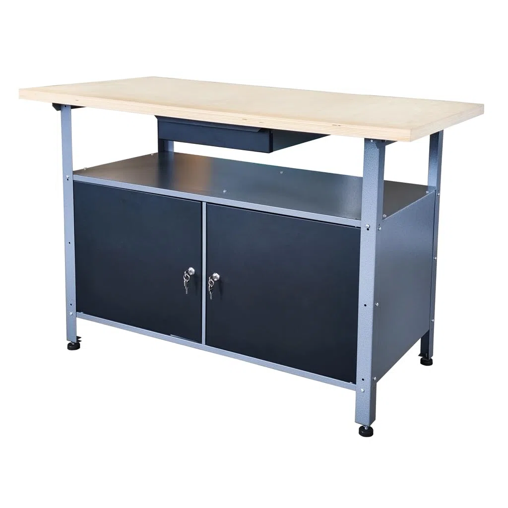 Werkbank aus Metall mit 30 mm Sperrholzplatte, verschließbaren Türen und Schublade, Maße (BxTxH): 120 x 85 x 60 cm