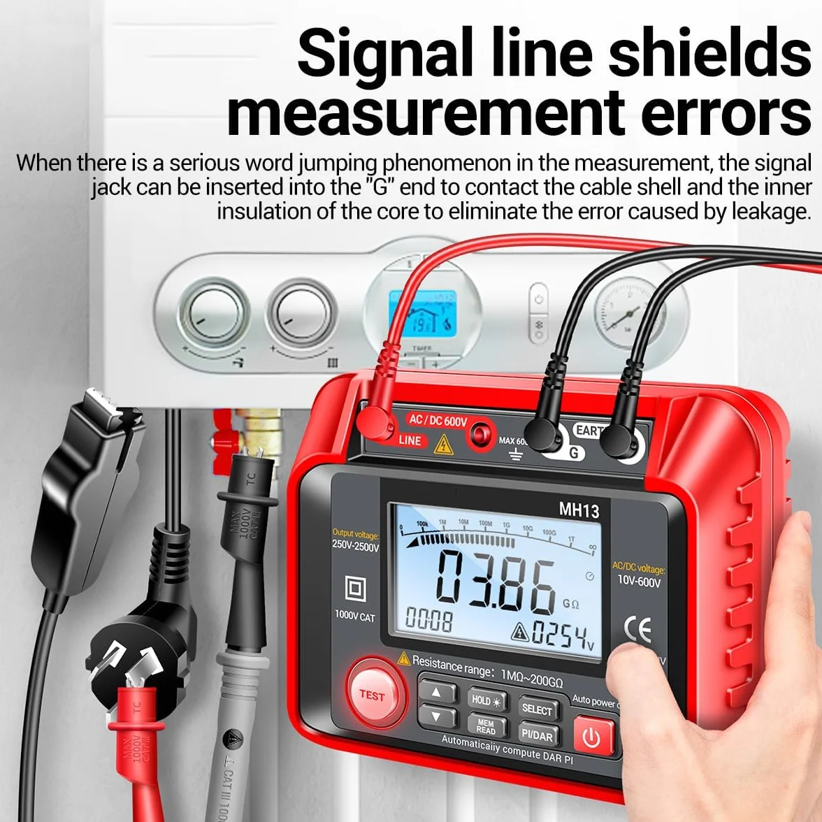MH13 250V-2500V Digitaler Isolationswiderstandstester 1MΩ-200GΩ Megohm Test Meter Auto Range 2000 Counts LCD Display 10V~600V AC/DC Voltmeter mit 100 Datenspeicher