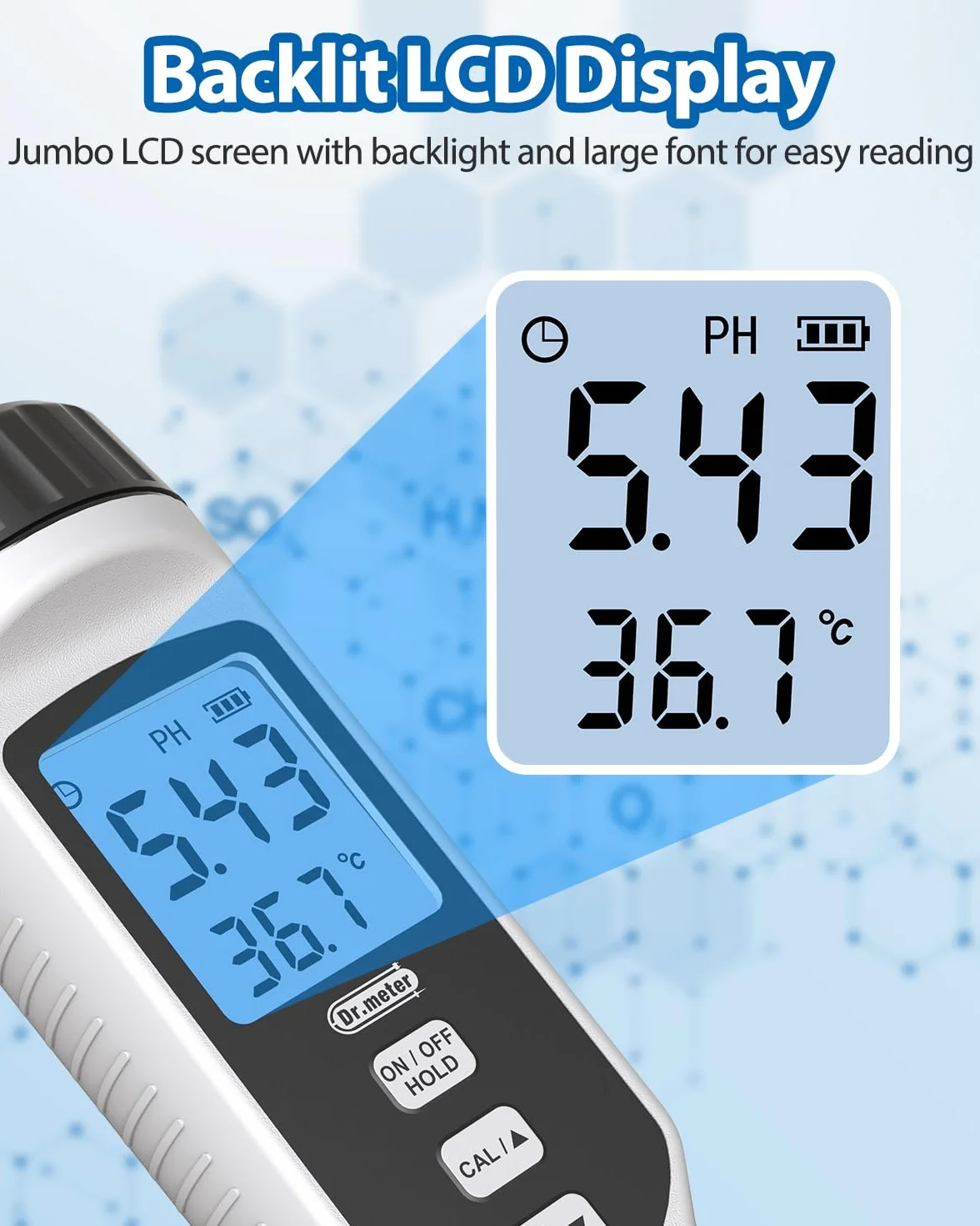 PH Messgerät, Dr.meter PH Messgerät Wasser 0.01Hochpräziser PH Wert Messgerät mit Alarm-LCD-Display und Automatische Temperatur Kompensation für Wasser, Aquarium, Teich, Pool mit Kalibrierpulver