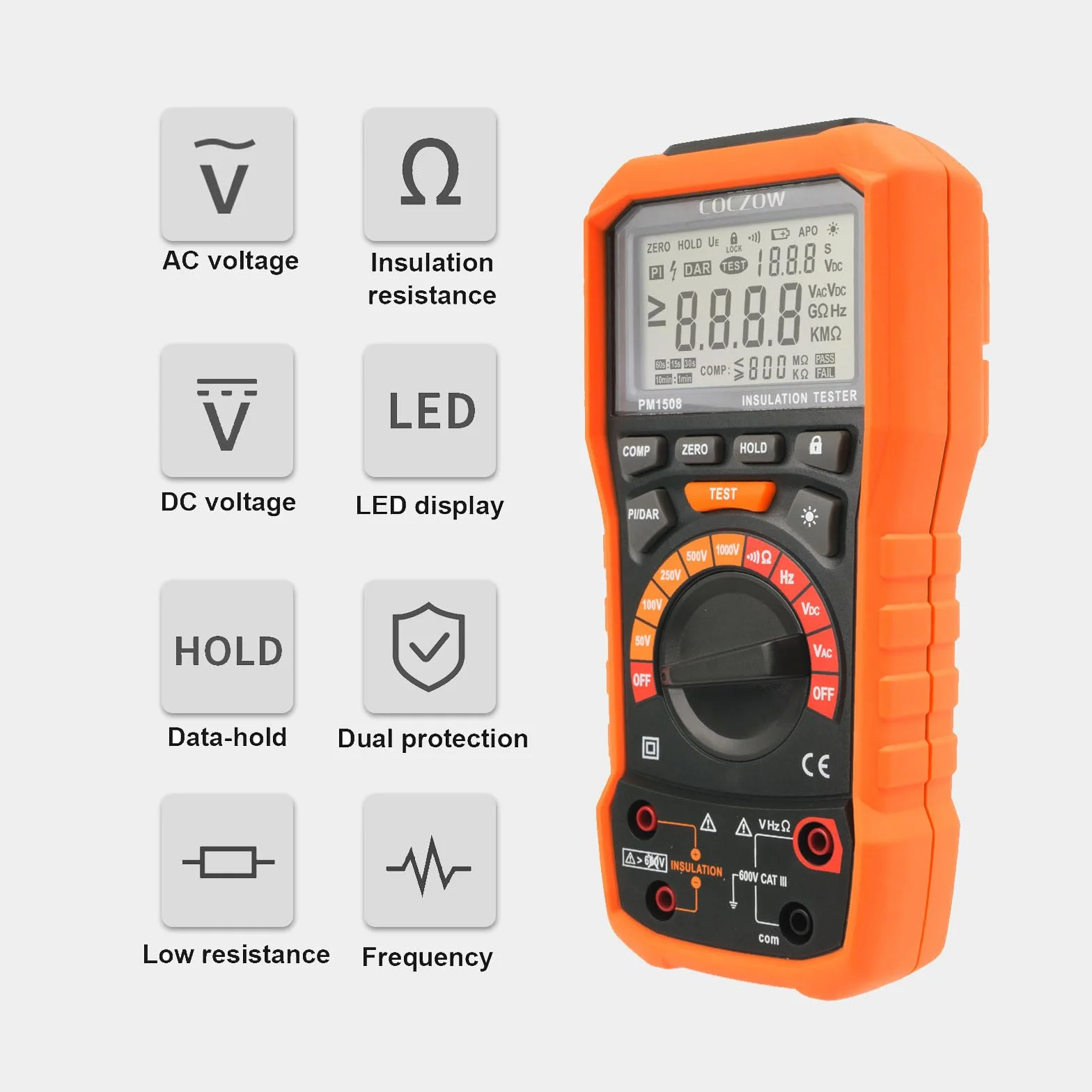 Digital Megohmmeter Isolationswiderstandsprüfer 1000V AC/DC für elektrische Geräte, Isolationswiderstand bis 100 GΩ, mit PI/DAR, Frequenz- und Niederspannungsprüfung, mit LCD-Display PM1508