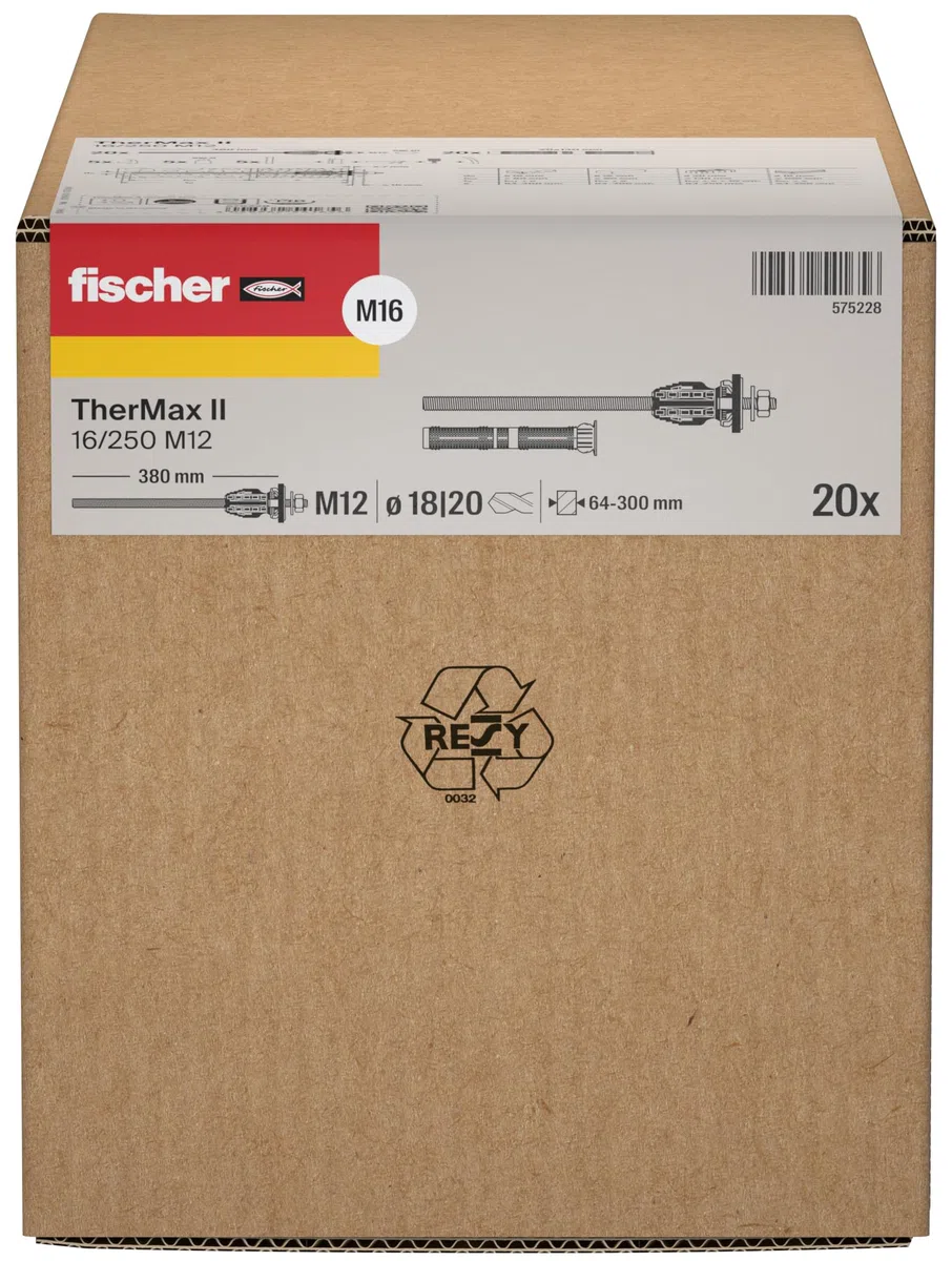 fischer Abstandsmontagesystem TherMax II 16/250 M12 für WDVS, zur Befestigung hoher Lasten in Wärmedämmverbundsystemen, schlagregendicht, mit Anti-Kälte-Konus, 20 Stück