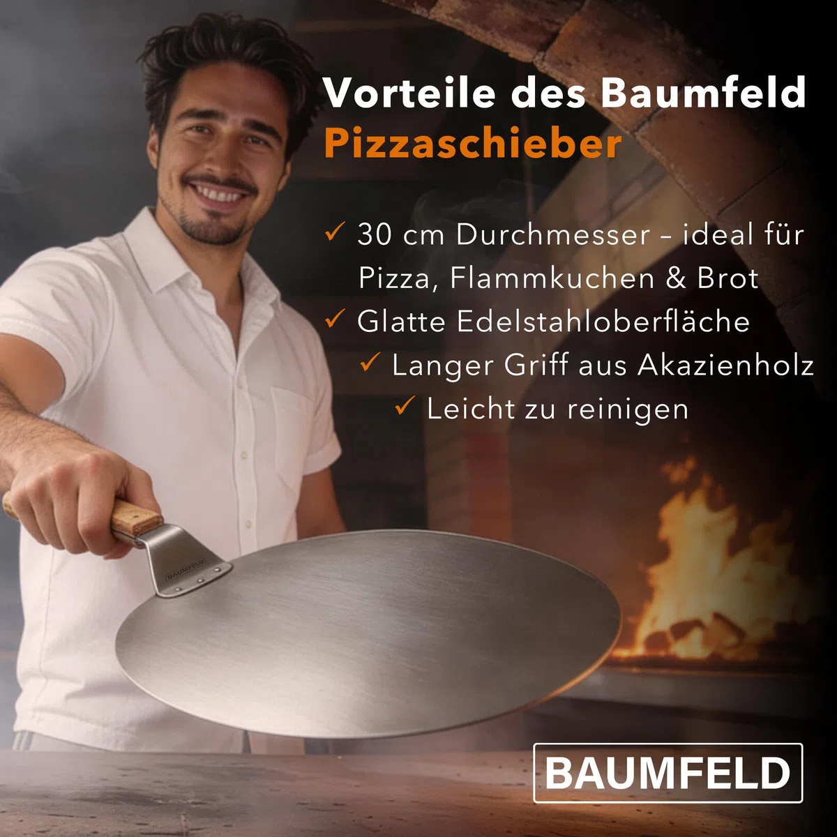 Pizzaschieber Pizzaschaufel, rund, 30 cm Durchmesser, hochwertig aus robustem Edelstahl, stabiler Griff aus natürlichem Akazienholz, Brotschieber, Pizza Zubehör