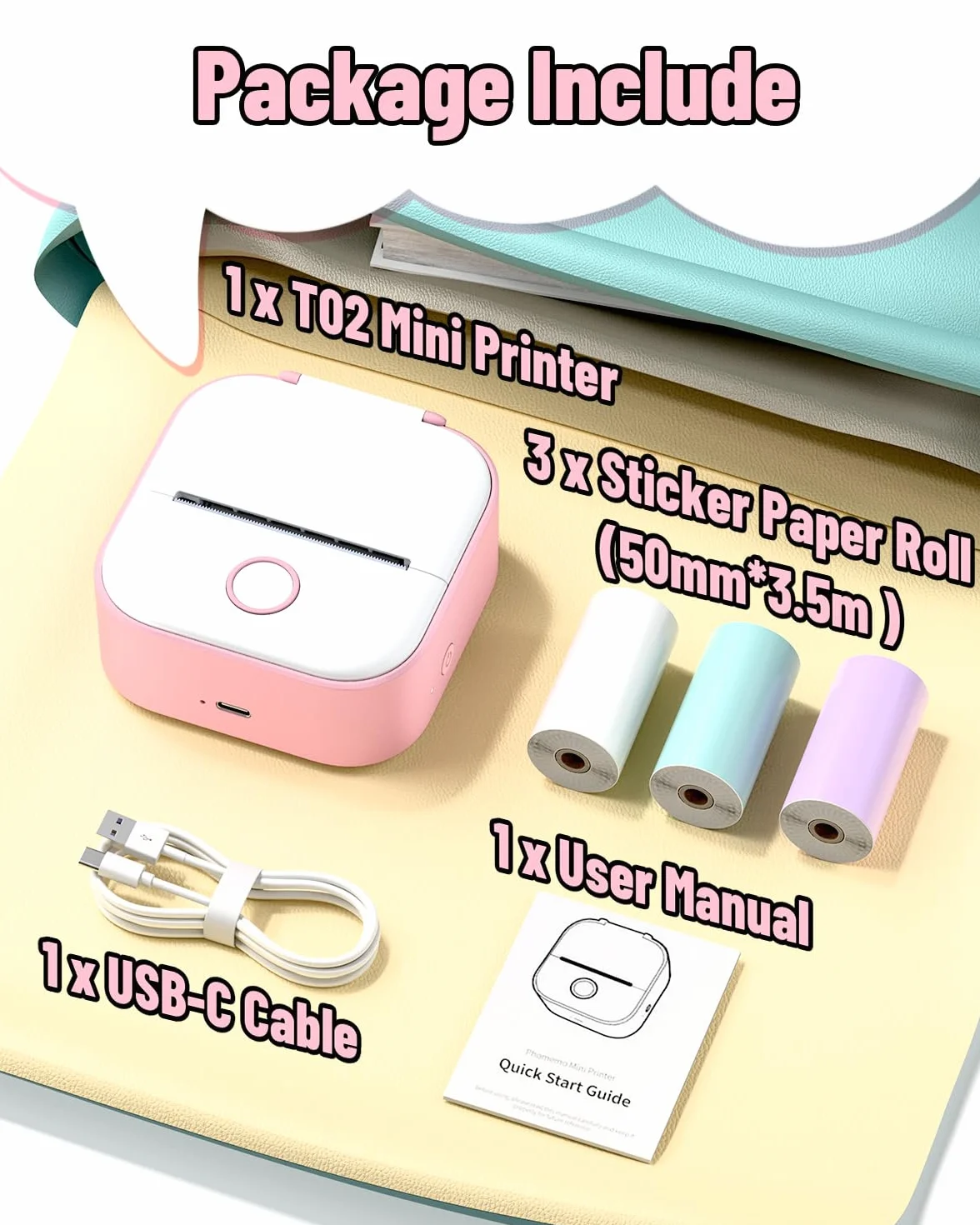 Phomemo Mini Drucker, T02 Mini Drucker für Smartphone Tragbarer Etikettendrucker mit KI-gestützter App, Thermodrucker für Studiennotizen, Tagebuch, DIY und Geschenke, Kompatibel mit iOS & Android