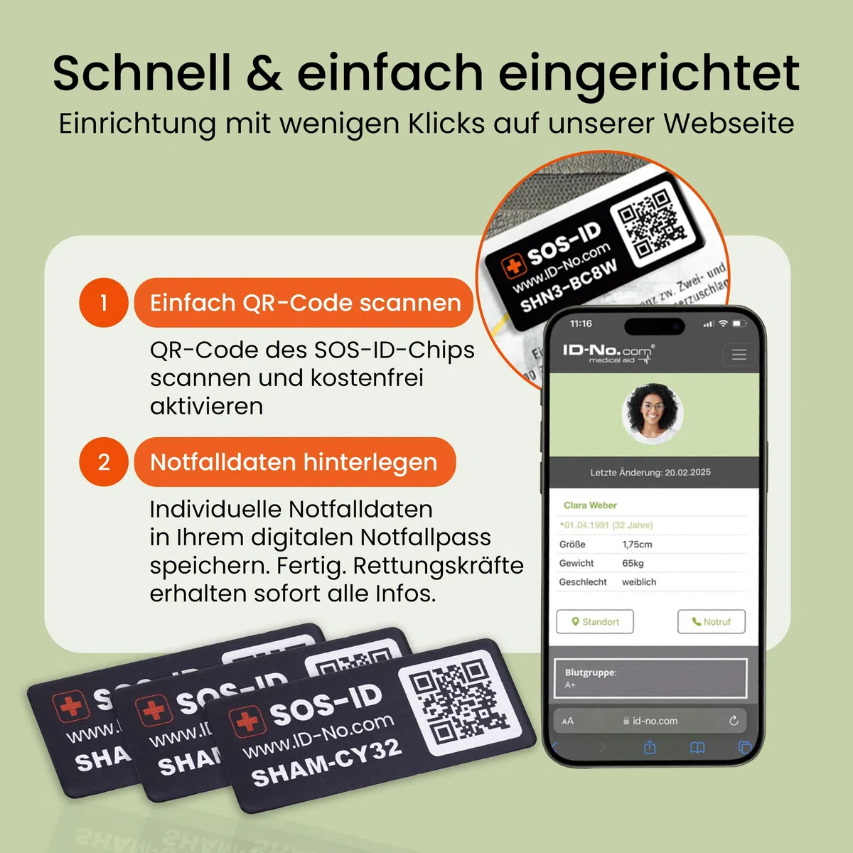 SOS-ID Label (3er-Set) – SOS-ID Etikett mit QR-Code – langlebiges & kratzfestes Klebelabel – schneller Zugriff auf wichtige Gesundheitsdaten für Ersthelfer oder Rettungskräfte