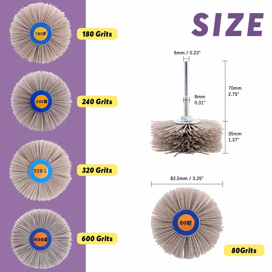 Swpeet 5 Stück 5 Größen 80# 180# 240# 320# 600# Nylon Radbürste Schleifkopf mit 6 mm Gewindeschaft Sortiment Kit Schleifmopp Schleifscheibe zum Polieren, Entfernen von Rost und Lackieren