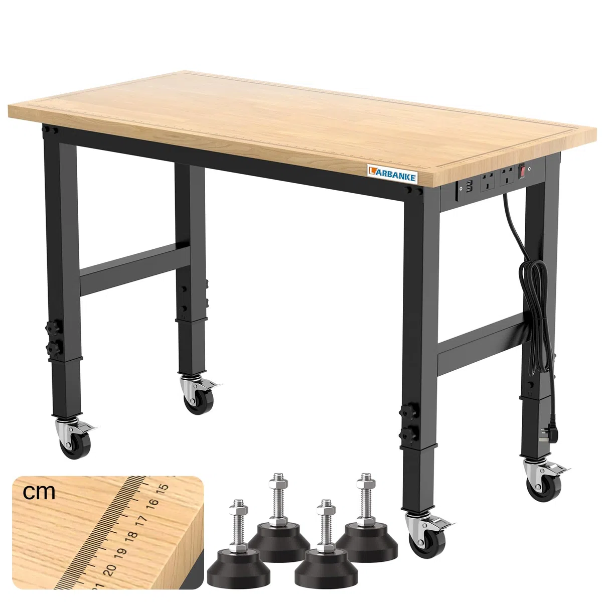LARBANKE 120CM Verstellbare Werkbank,Werkbank aus Gummibaumholz mit Maßstäben,Höhen von 85-105cm,900KG Belastbarkeit Hartholz Arbeitstisch,Werkbänke mit Rädern und Fußpolster
